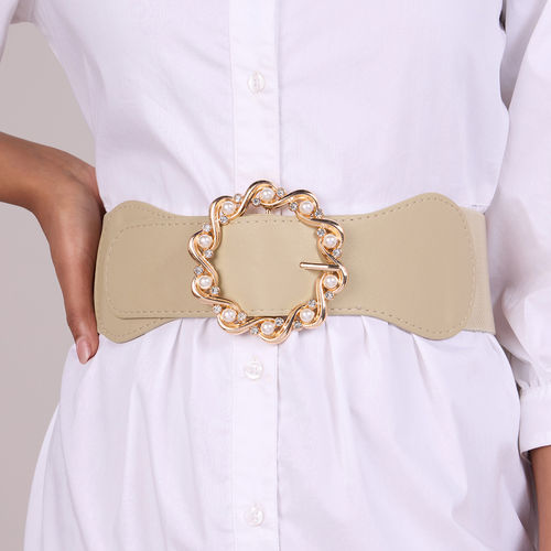 Pipa Bella by Nykaa Fashion Beige Pearl Embellished Buckle Elasticated  Broad Waist Belt