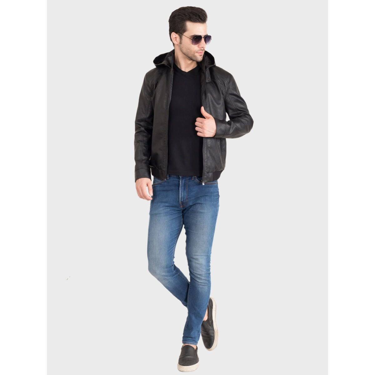 Buy Justanned Black Hoodie Leather Jacket Online