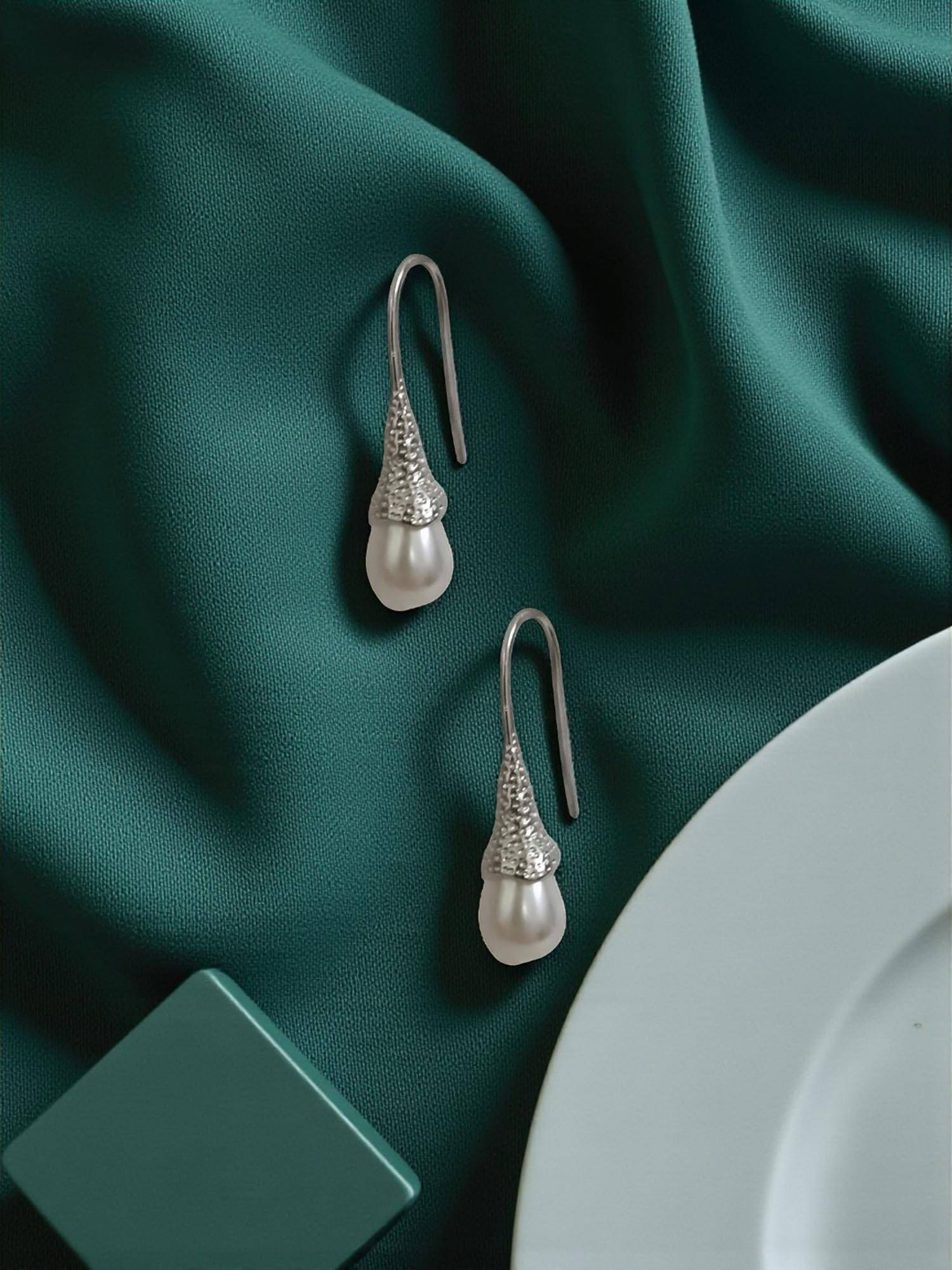 Accessher White Silver Pearl Pair Of Earrings