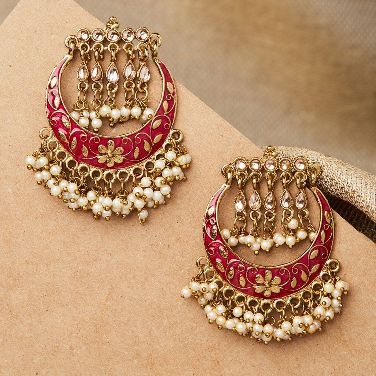 Ethnic ruby pink Antique silver tone earrings at 1550  Azilaa