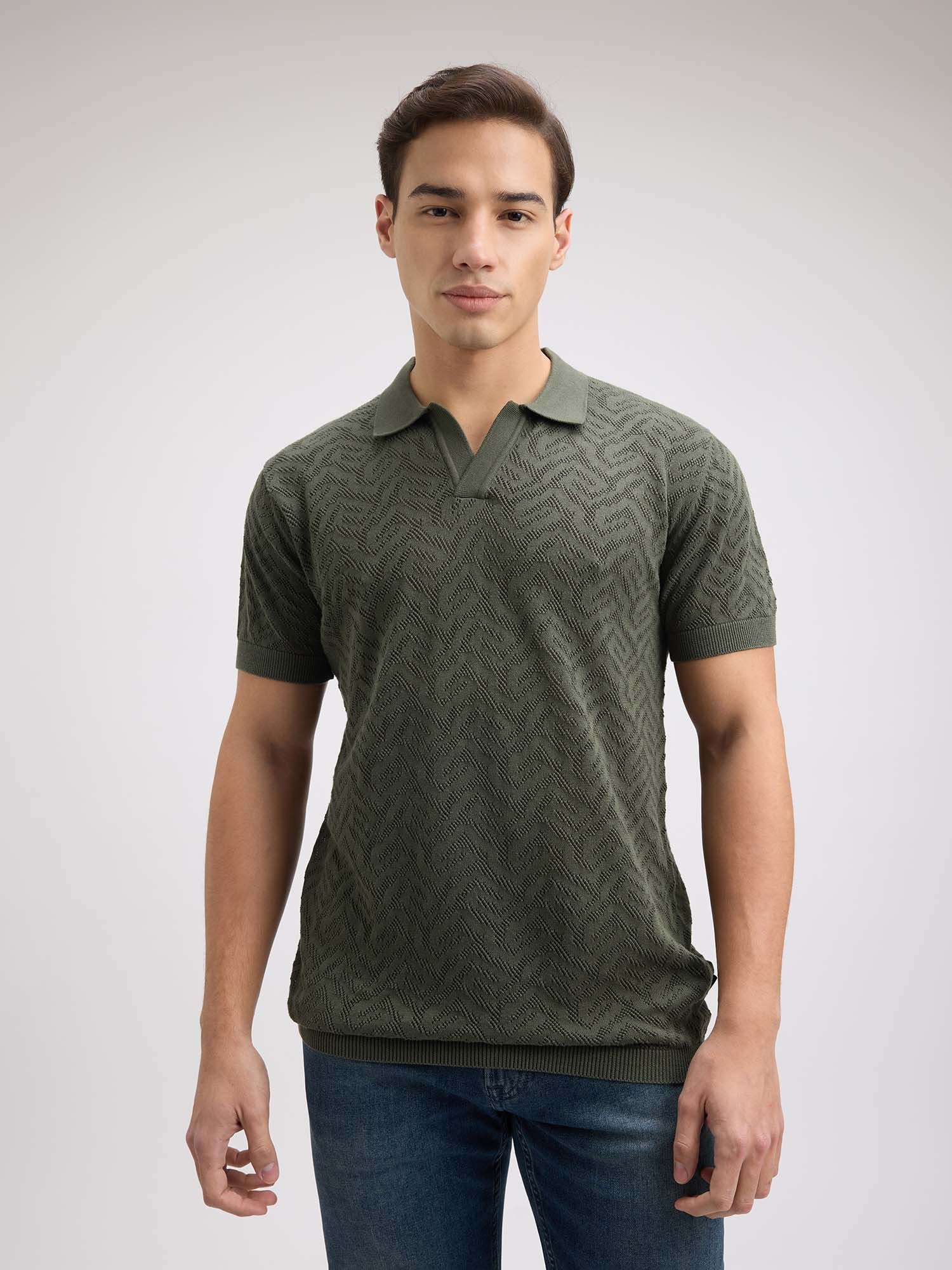 Buy Pepe Jeans Men Green Short Sleeve Jacquard Flat Knit Polo T