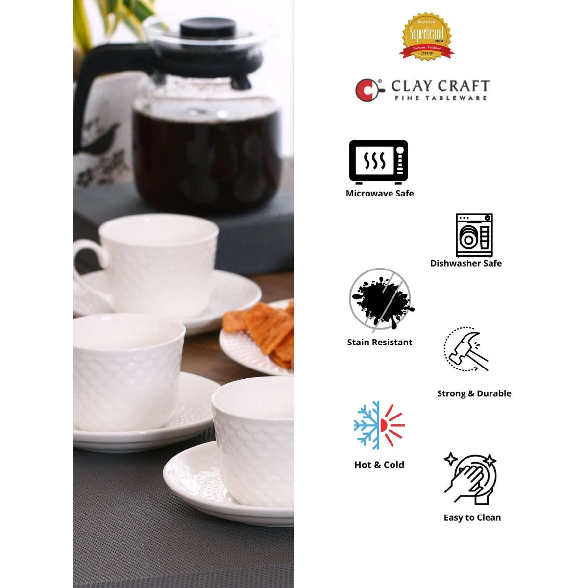 CLAY CRAFT Fine Ceramic White Solid Cup & Saucer Set of 12 ( 6 Cups + 6