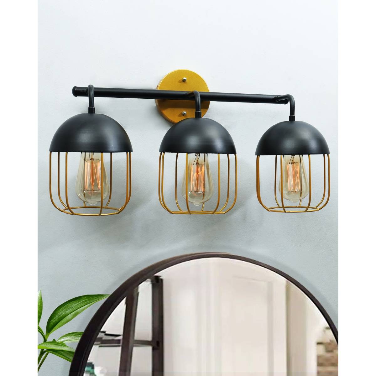 Homesake Black and Gold Cage Wall Sconce,Modern Bathroom Wall Light Fixtures 3 Light