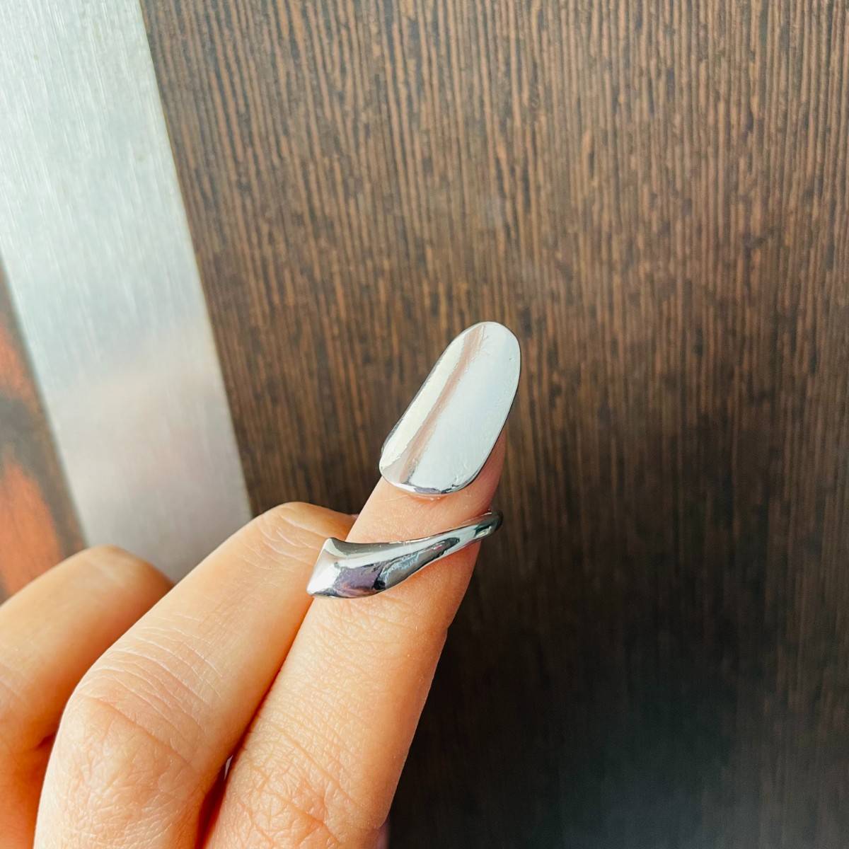 ISHKAARA Adjustable Single Finger Alloy Silver Plated Nail Shape Ring for Women