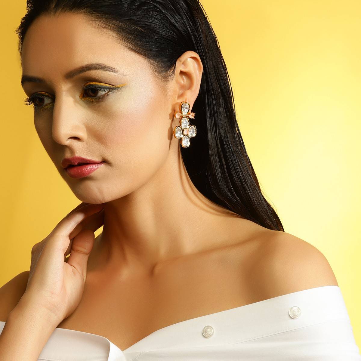 Ritu Singh Gold Toned and Pink Contemporary Studs Earrings