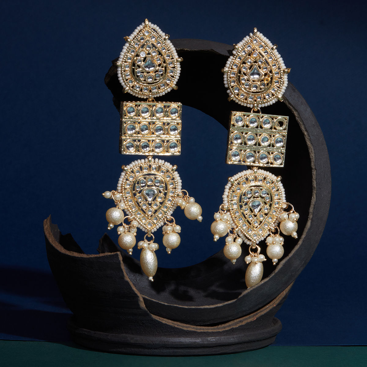Buy White Gold Tone Kundan Earrings with Pearls Online at Jayporecom
