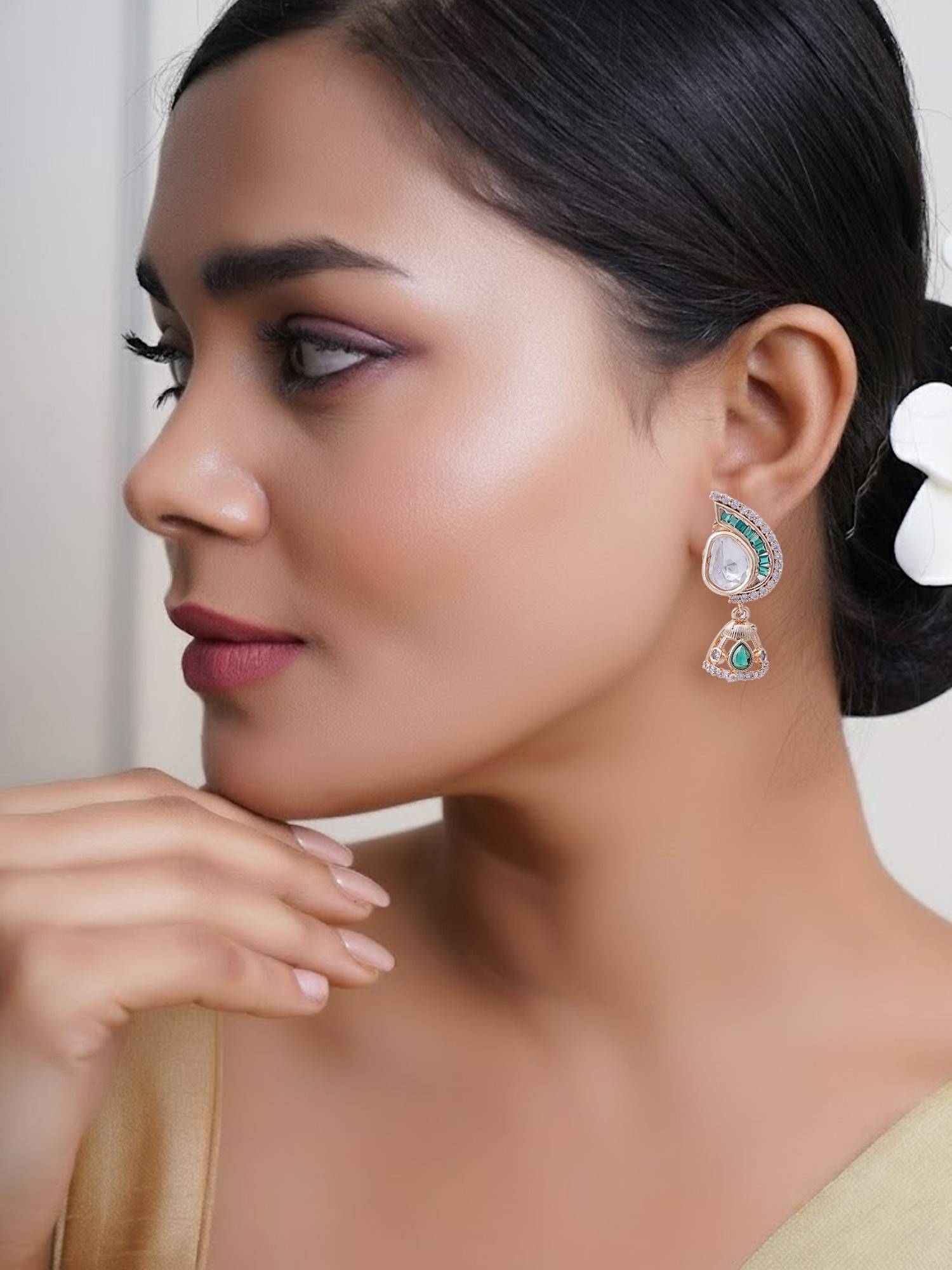 Adwitiya Women Gold Tone Earrings Adorned with Green Semi Precious Stones