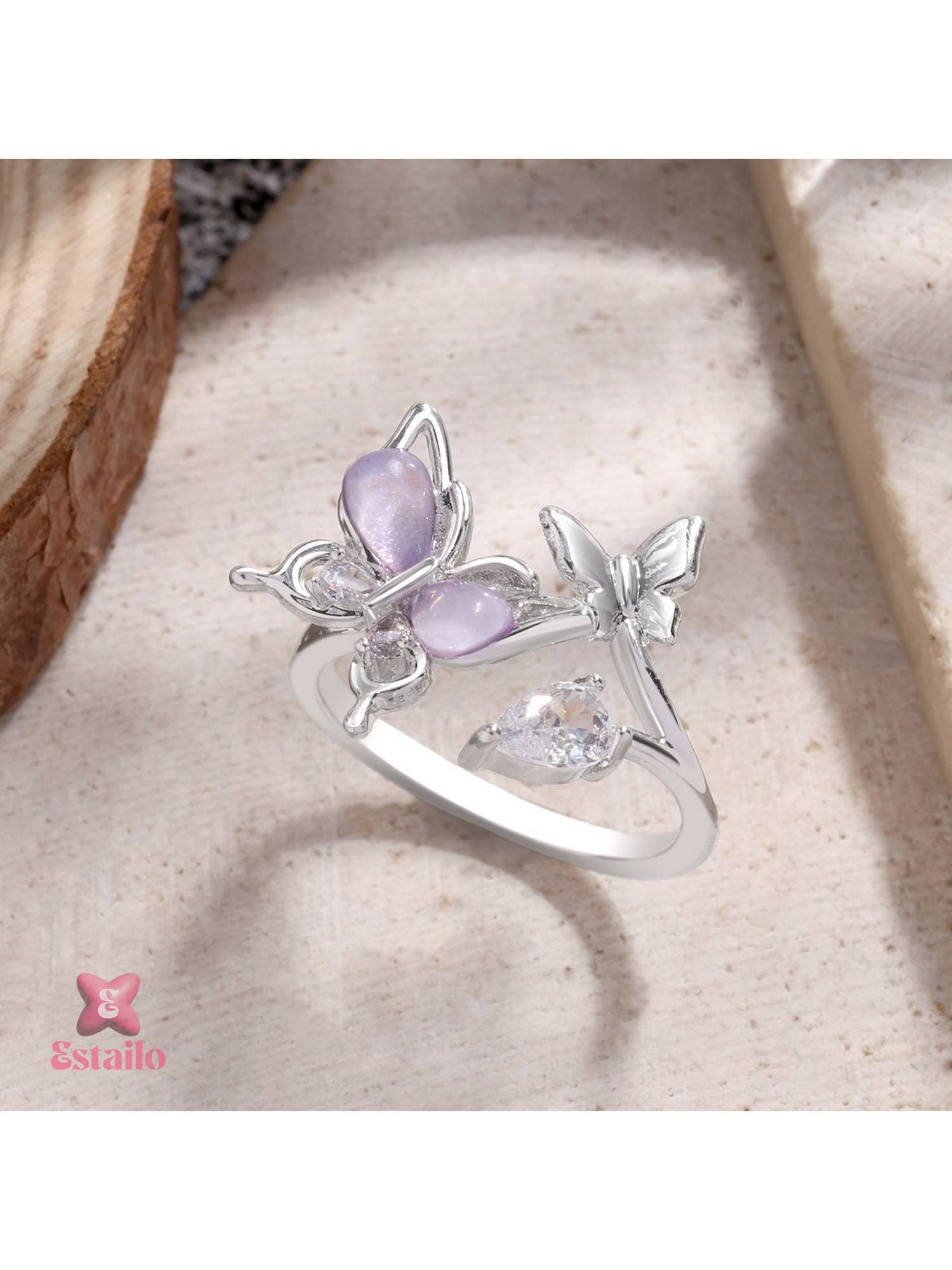 ESTAILO FASHION Amethyst Butterfly Bloom Ring Silver