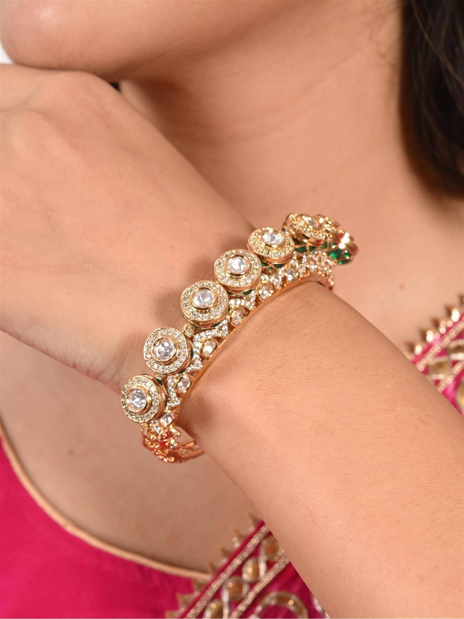 Ratnavali Jewels Kundan Diamond Cz White Enamel Round Openable Kada Bracelet