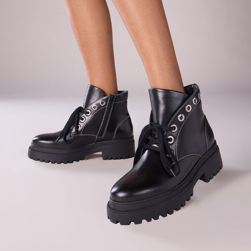 MIXT by Nykaa Fashion Black Round Toe Eyelet Detail Lace Up Combat Boots  (EURO 36)