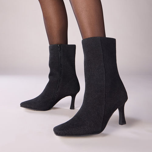 MIXT by Nykaa Fashion Black Square Toe Mid Calf Denim Stiletto Heeled Boots  (EURO 41)