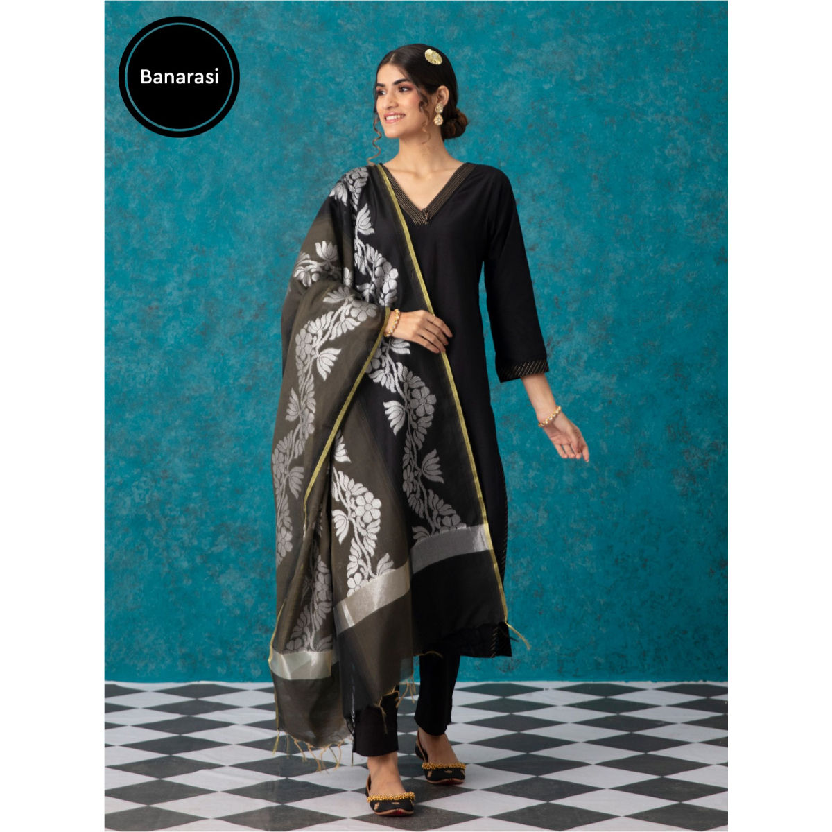 Black Velvet Suit with Bottom  Banarasi brocade Shiffon dupatta   Royskart