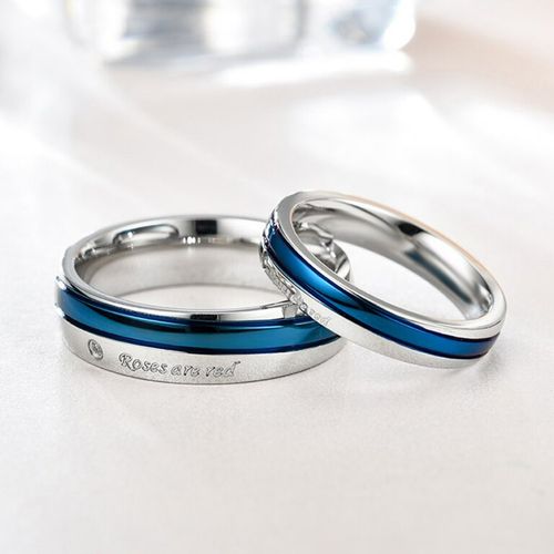 Yellow Chimes Blue Line Crystal Topped 316L Stainless Steel Ring Set for  Couples