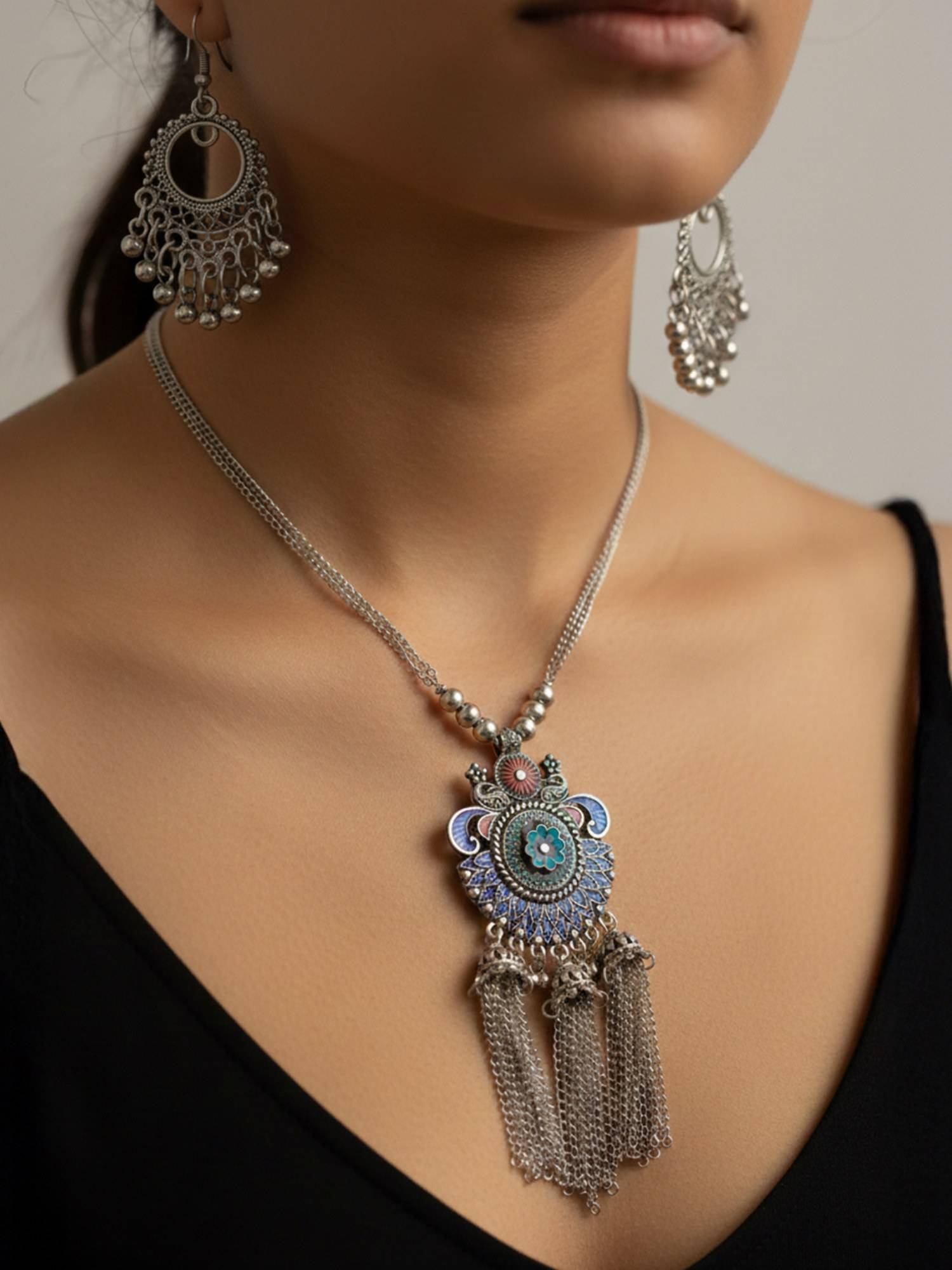 NVR Women's Oxidised Silver-Plated Tribal Jewellery Set