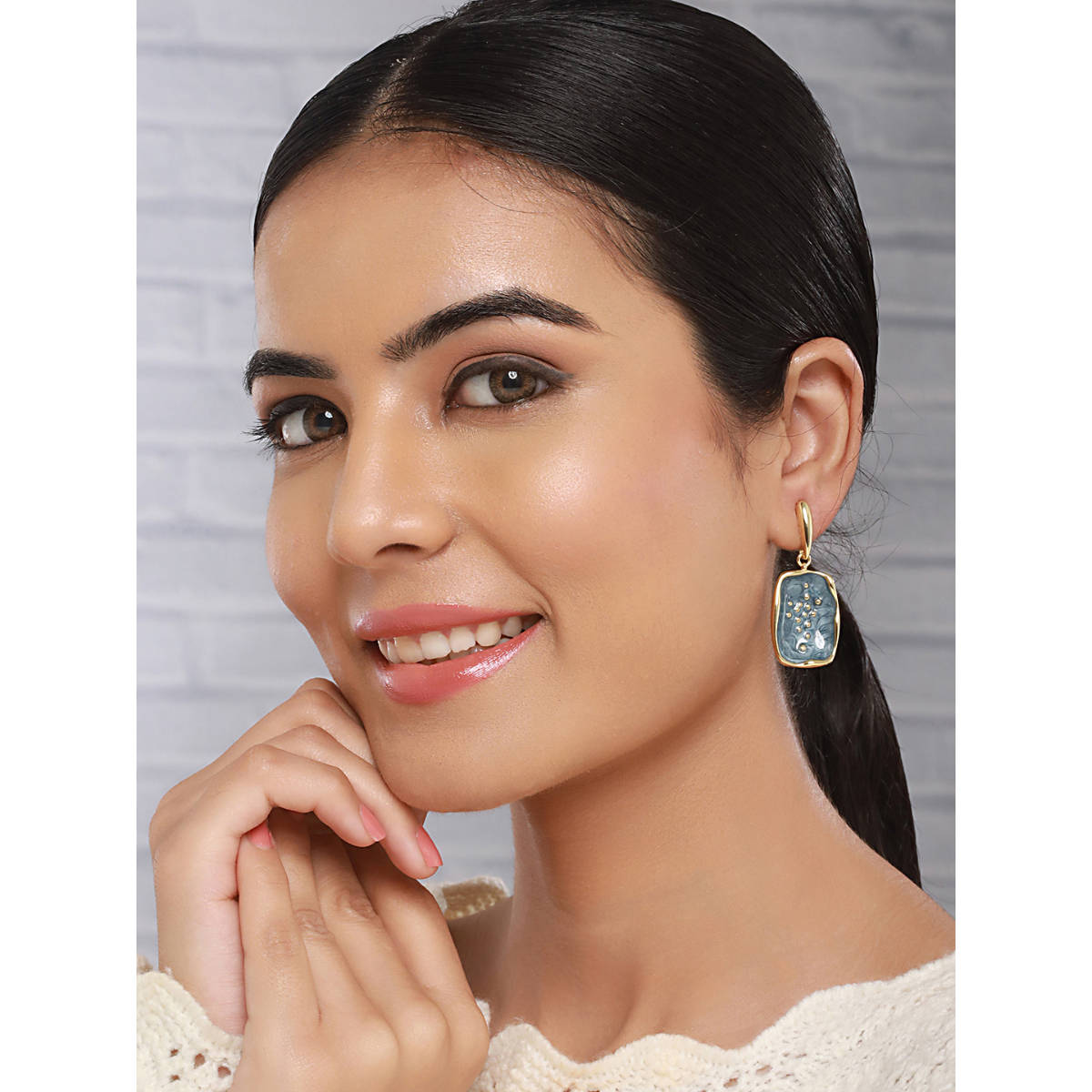 Saraf RS Jewellery Anti-Tarnish18K Gold Plated Grey Enamelled Golden Dot Drop Earrings