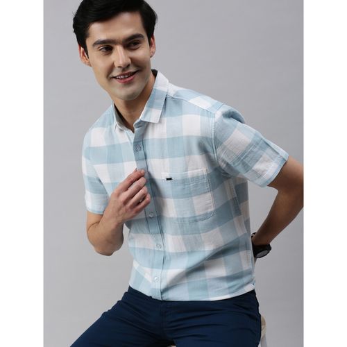Classic Polo Men Cotton Half Sleeve Checked Slim Fit Polo Neck Light Blue  Colour Woven Shirt