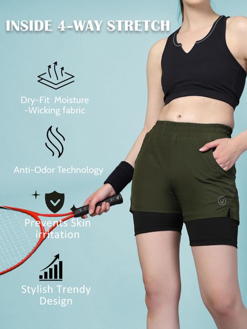 Buy CHKOKKO Double Layered Sports Gym Workout Running Olive Shorts
