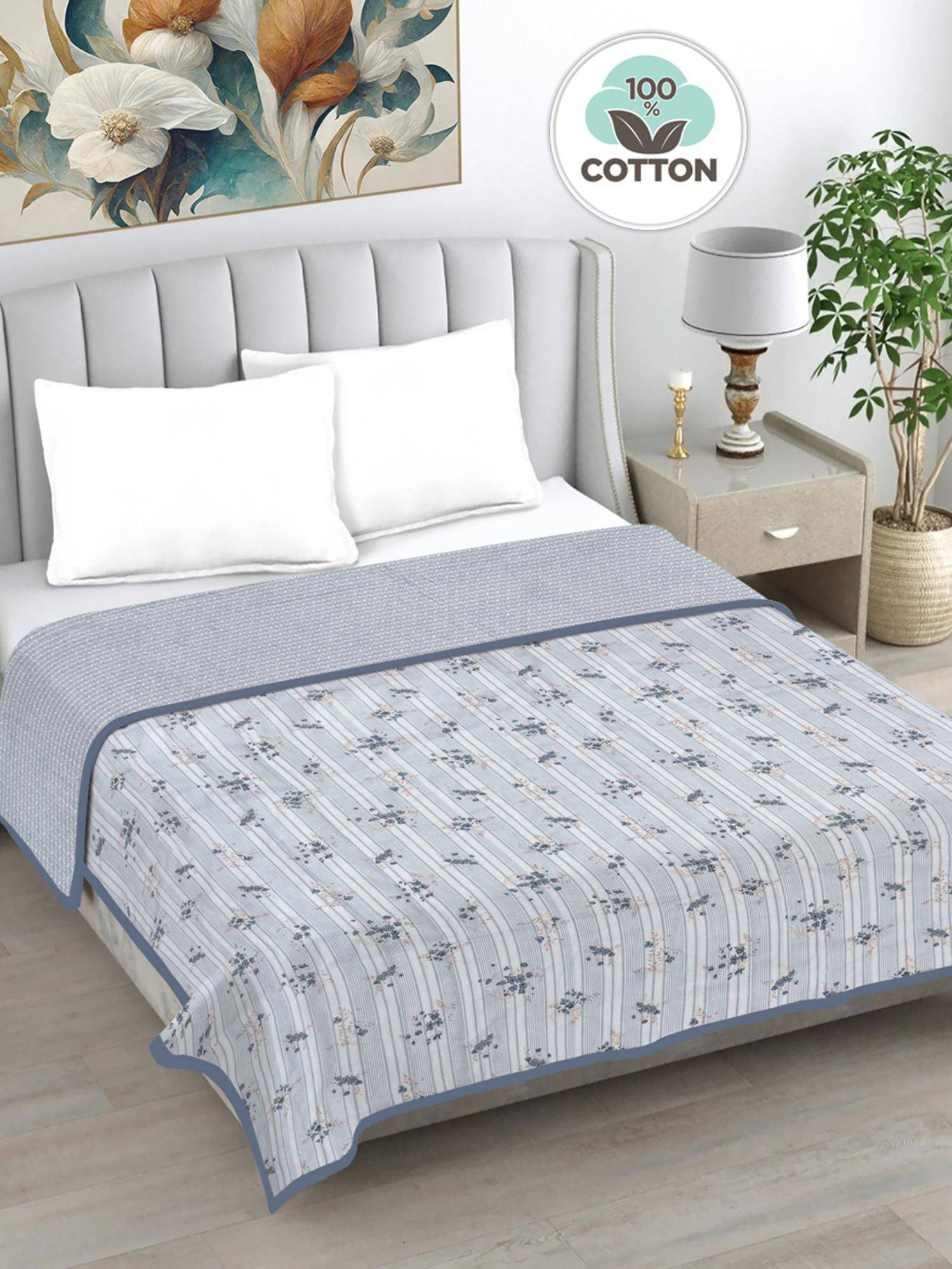 FABINALIV Grey Floral Reversible AC Room 230 GSM Pure Cotton Bed Dohar (King)