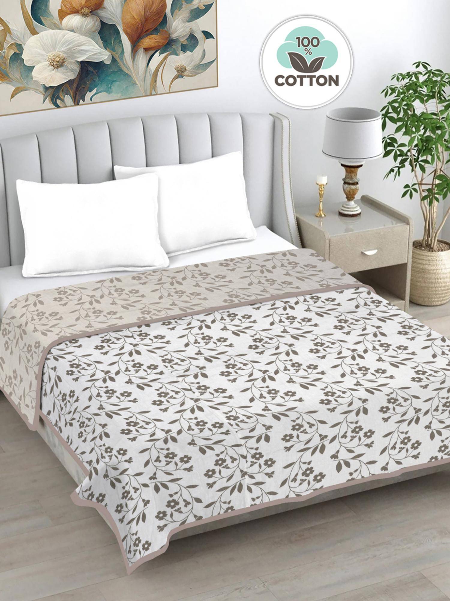 FABINALIV Olive Floral Reversible AC Room 230 GSM Pure Cotton Bed Dohar (King)