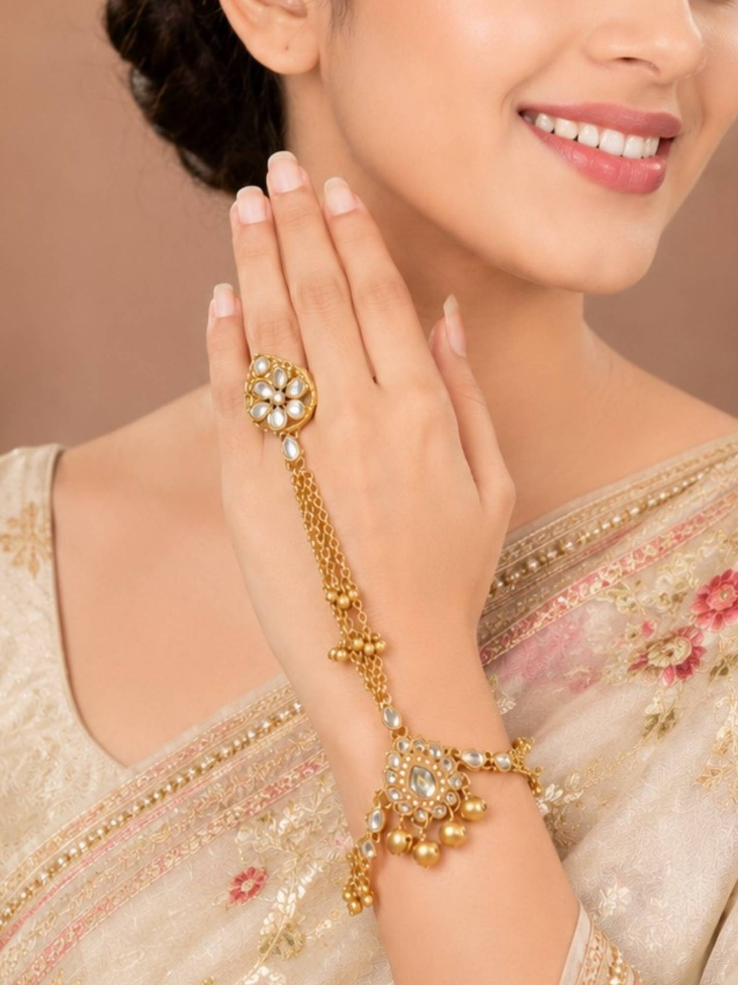 OOMPH Gold Ghungroo And Kundan Kashmiri Hathphool