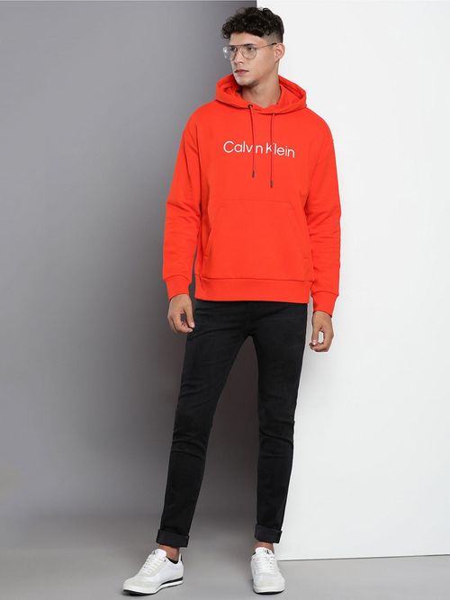 Calvin Klein Orange Logo Relaxed Fit Cotton Hoodie