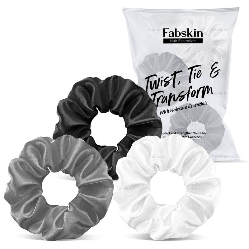 Fabskin Luxury Satin Scrunchies Ponytail Holders, Pack Of 3 (Black, White & Grey)