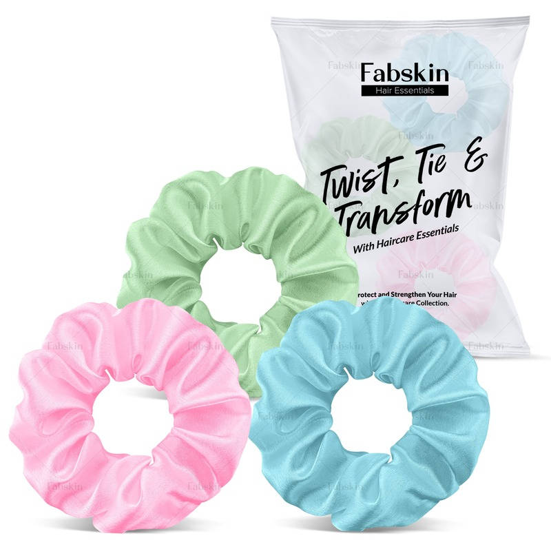 Fabskin Luxury Satin Scrunchies Ponytail Holders, Pack Of 3 (Light Pink, Blue & Green)