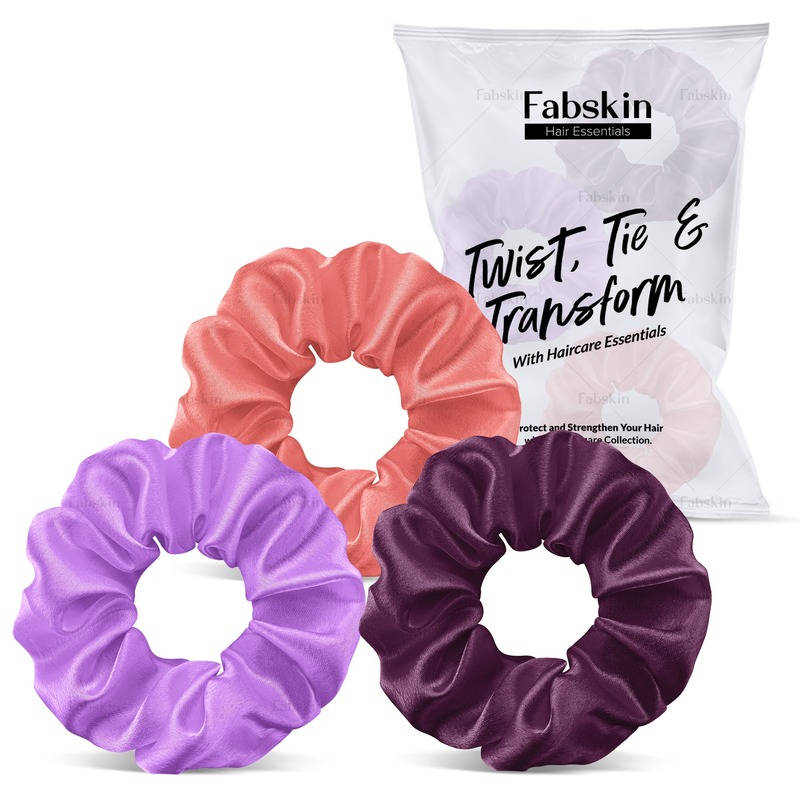 Fabskin Luxury Satin Scrunchies Ponytail Holders, Pack Of 3 (Dark Purple, Peach & Wine)