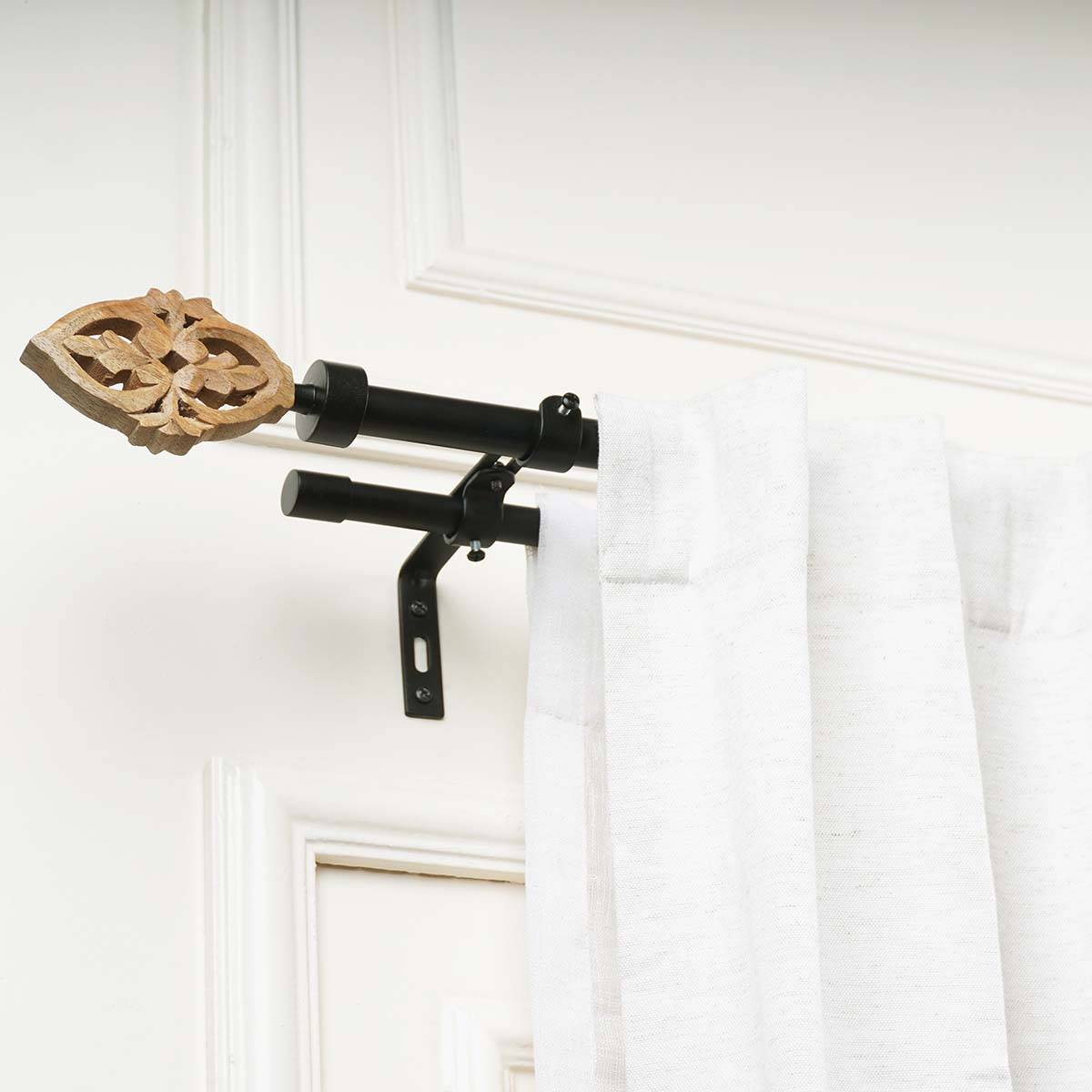 The Decor Mart Brown Baroque Wood Finial Extendable Double Curtain Rod Black