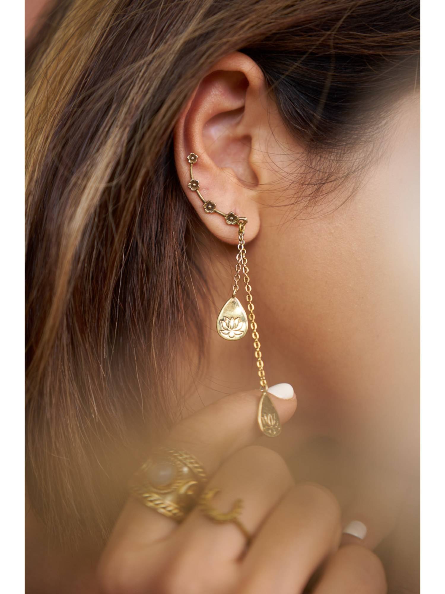 SOUL WORKS Floral Climber Screwless Brass Earrings