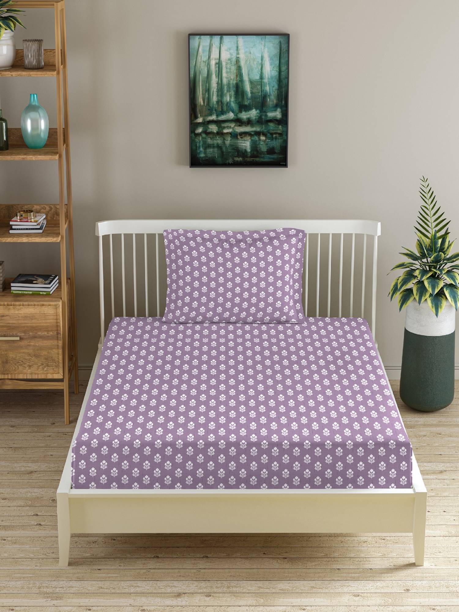 MORADO Premium Glace Cotton Single Fitted Bedsheet With 1 Pillow Cover Purple 36X72X8 Inches
