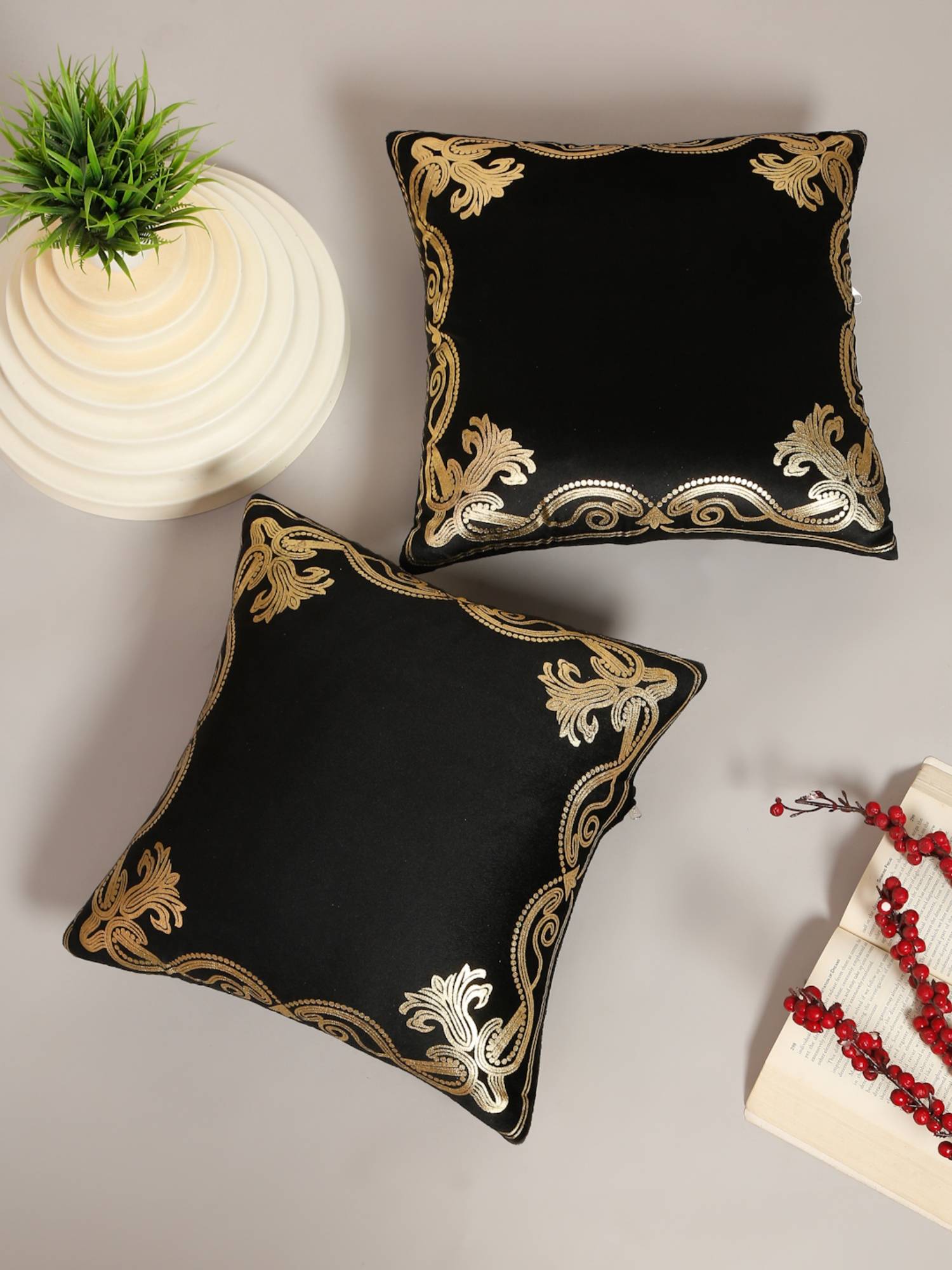 HOSTA HOMES Soft Velvet Golden Foil Printed Cushion Covers Pack Of 2 Black (16X16Inch)