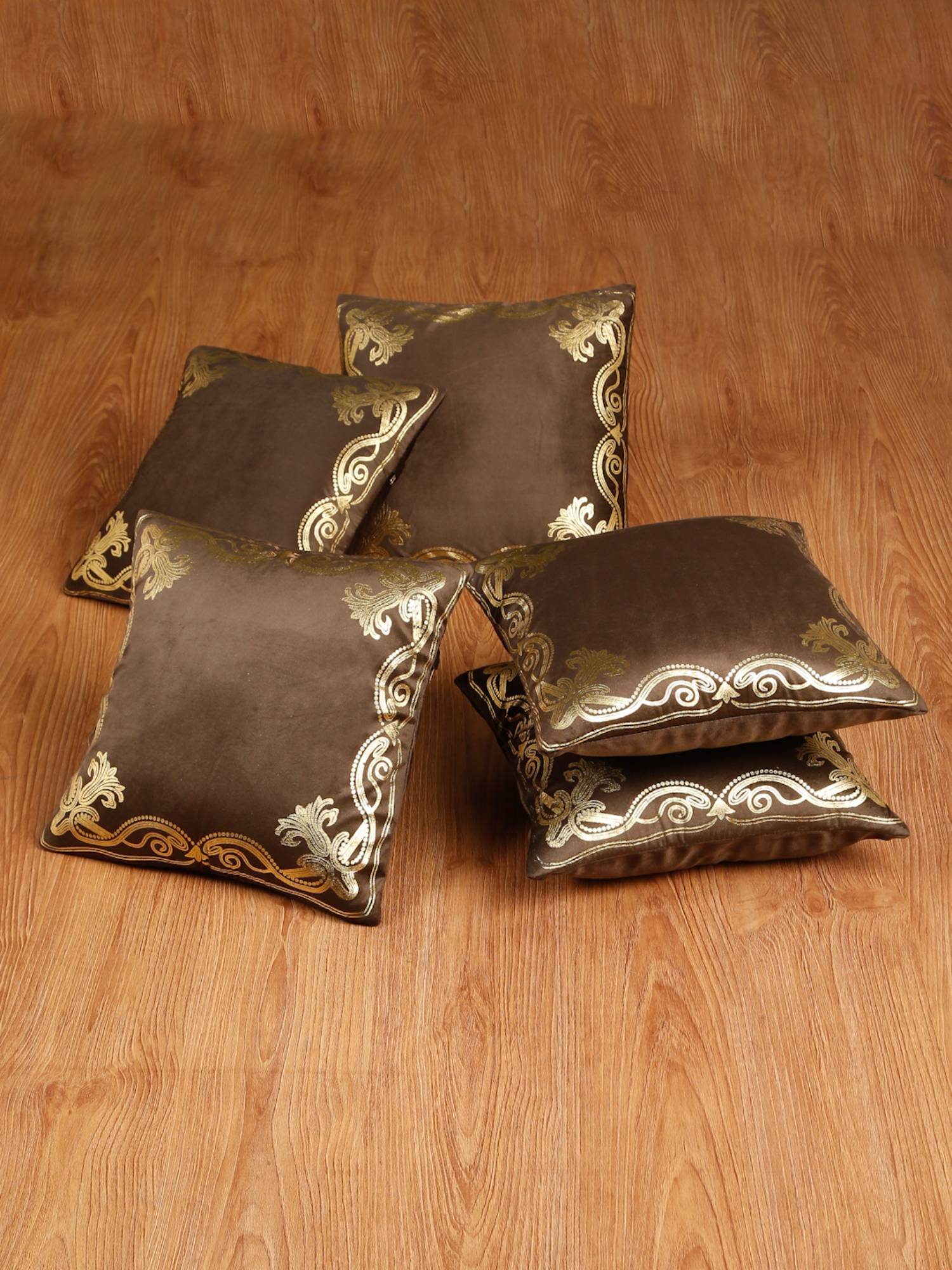 HOSTA HOMES Soft Velvet Golden Foil Printed Cushion Covers Pack Of 5 Brown (16X16Inch)