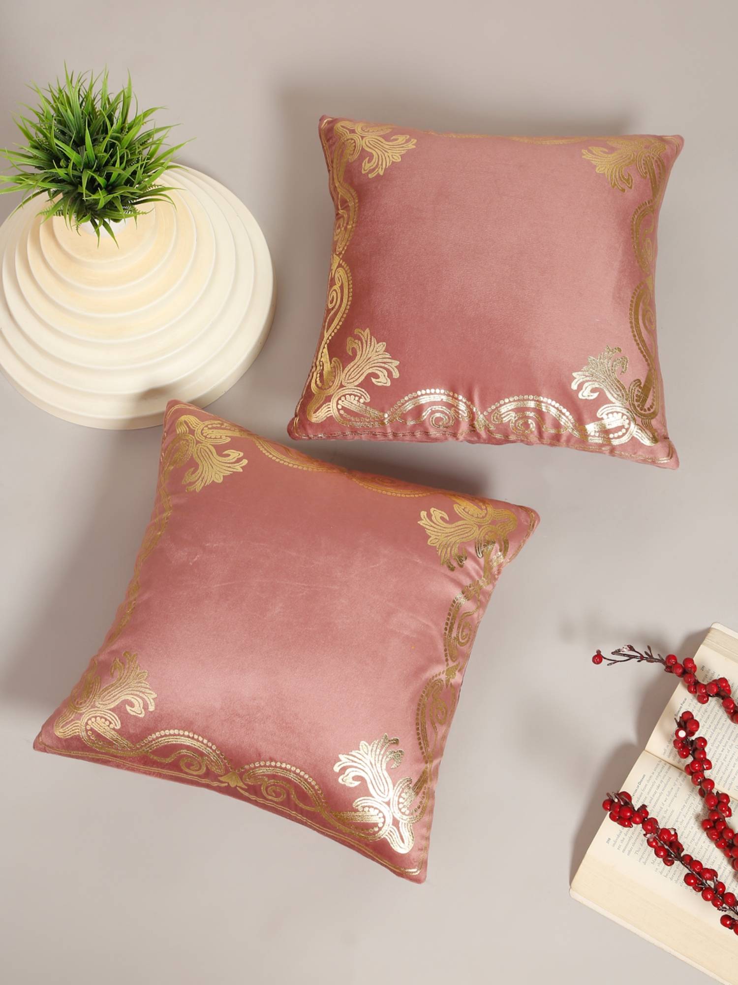 HOSTA HOMES Soft Velvet Golden Foil Printed Cushion Covers Pack Of 2 Peach (16X16Inch)