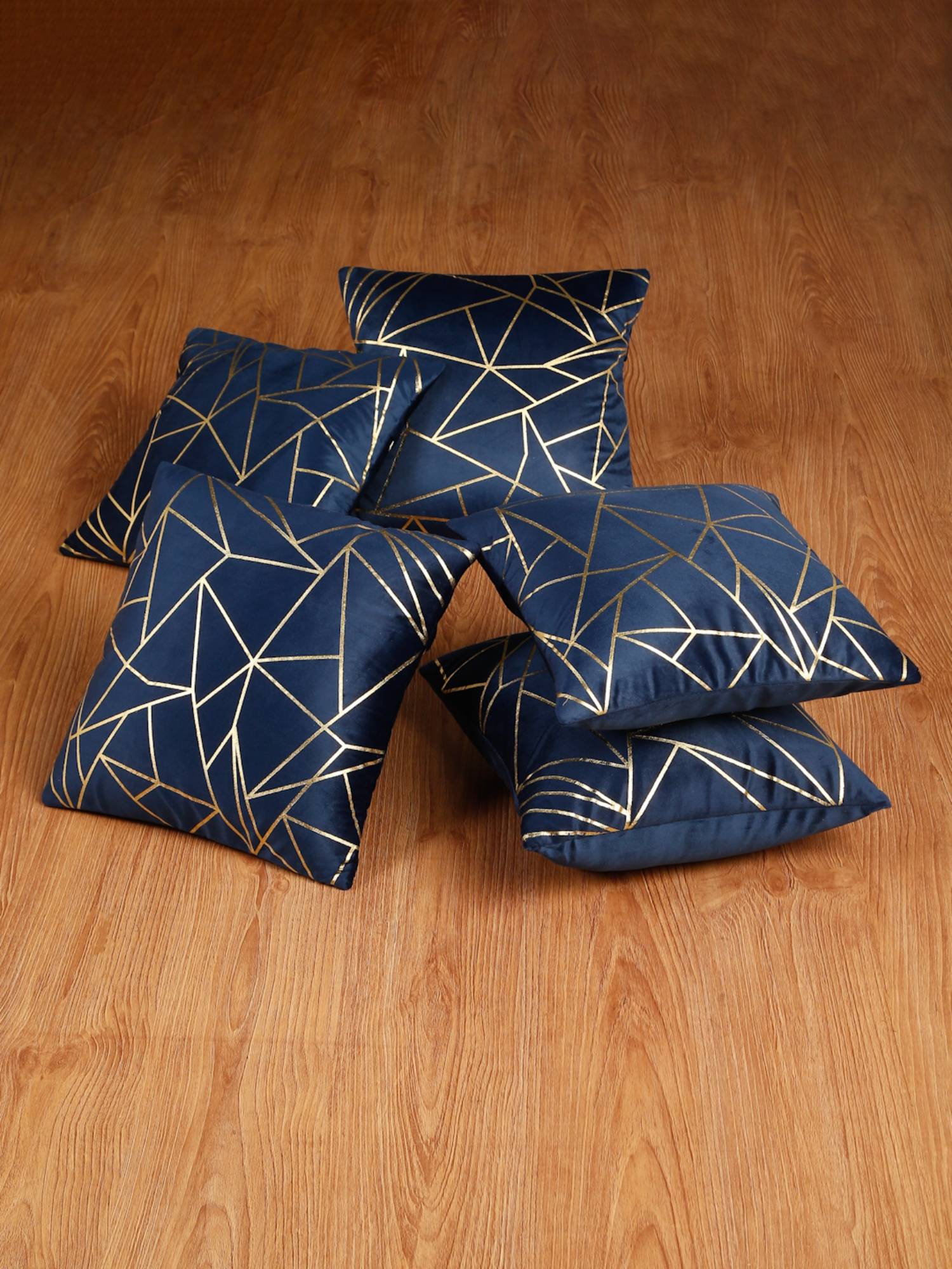 HOSTA HOMES Soft Velvet Golden Foil Printed Cushion Covers Pack Of 5 Blue (16X16Inch)