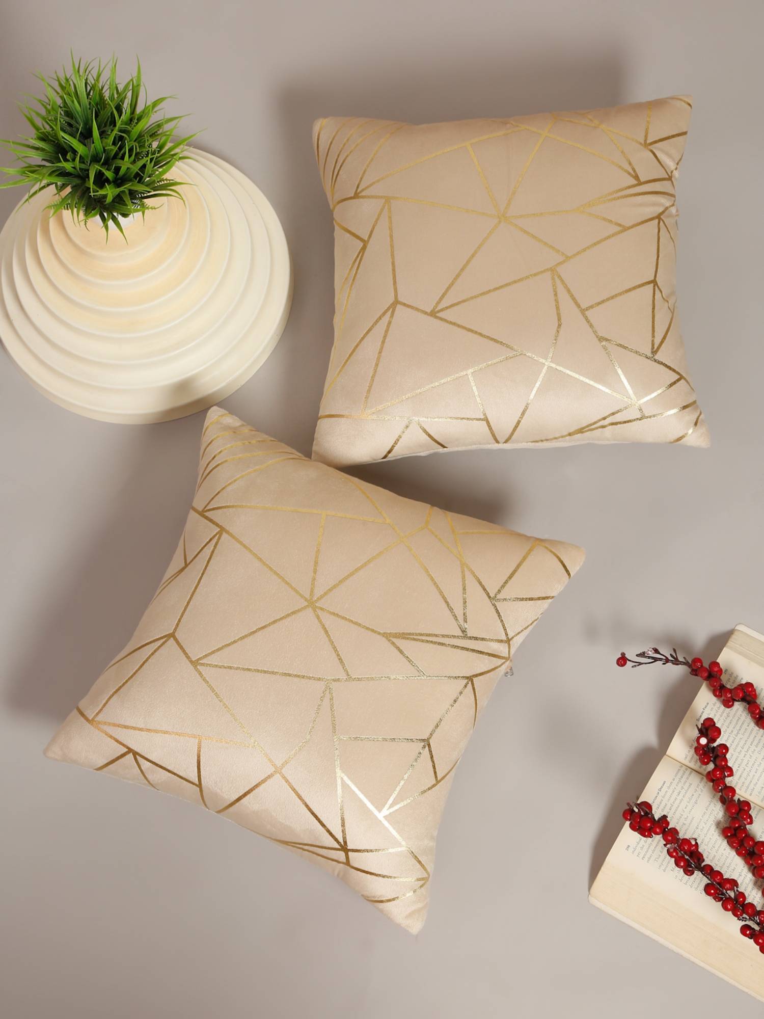 HOSTA HOMES Soft Velvet Golden Foil Printed Cushion Covers Pack Of 2 Cream (16X16Inch)