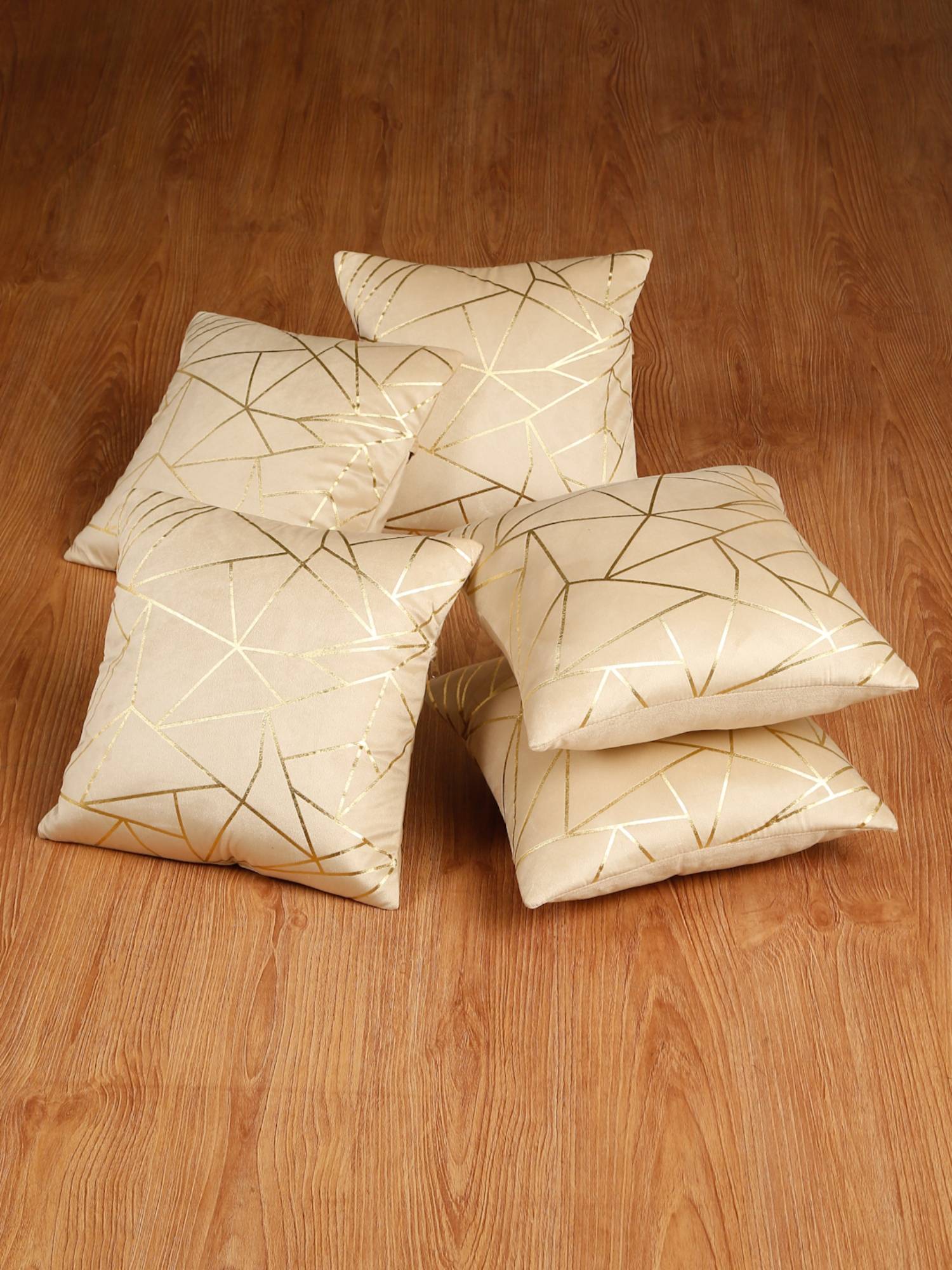 HOSTA HOMES Soft Velvet Golden Foil Printed Cushion Covers Pack Of 5 Cream (16X16Inch)