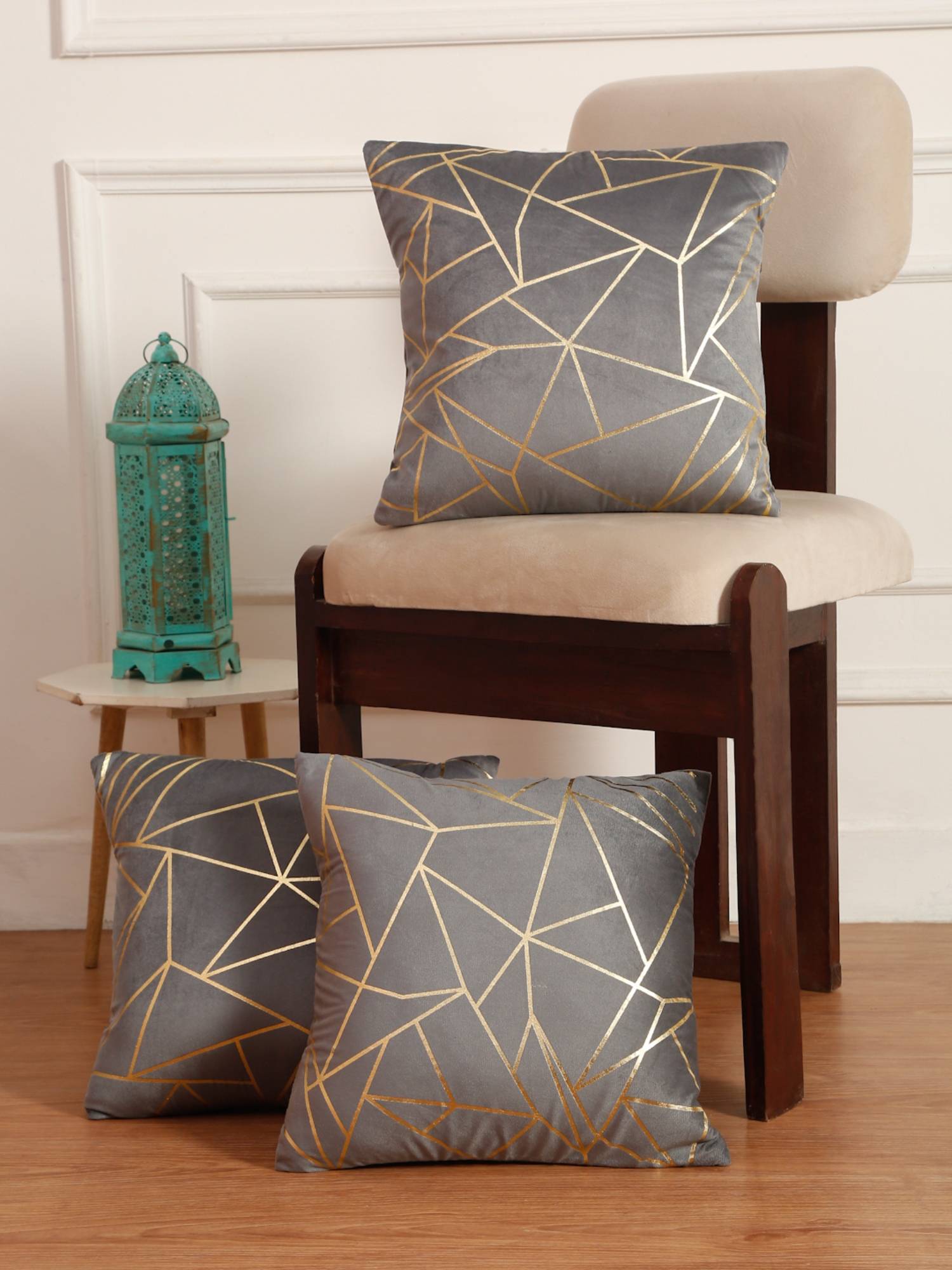 HOSTA HOMES Soft Velvet Golden Foil Printed Cushion Covers Pack Of 3 Green (16X16Inch)