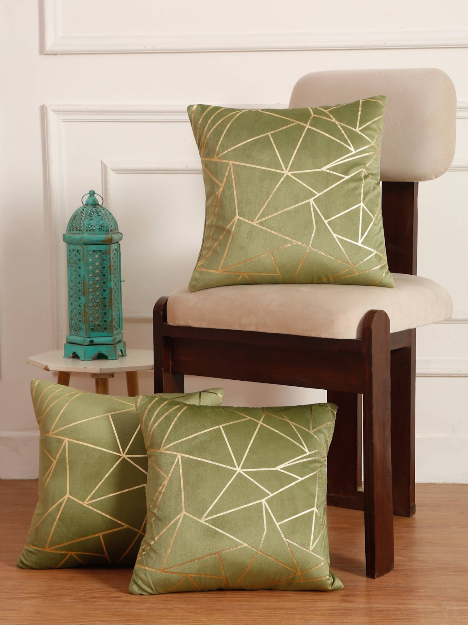 HOSTA HOMES Soft Velvet Golden Foil Printed Cushion Covers Pack Of 3 Olive (16X16Inch)