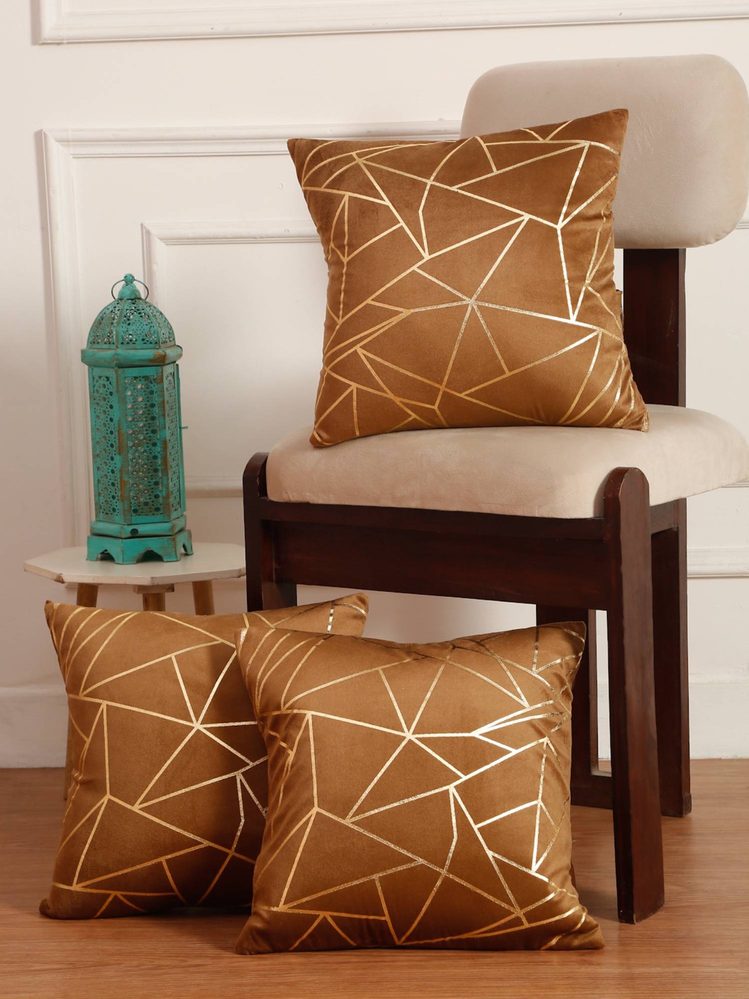 HOSTA HOMES Soft Velvet Golden Foil Printed Cushion Covers Pack Of 3 Rust (16X16Inch)