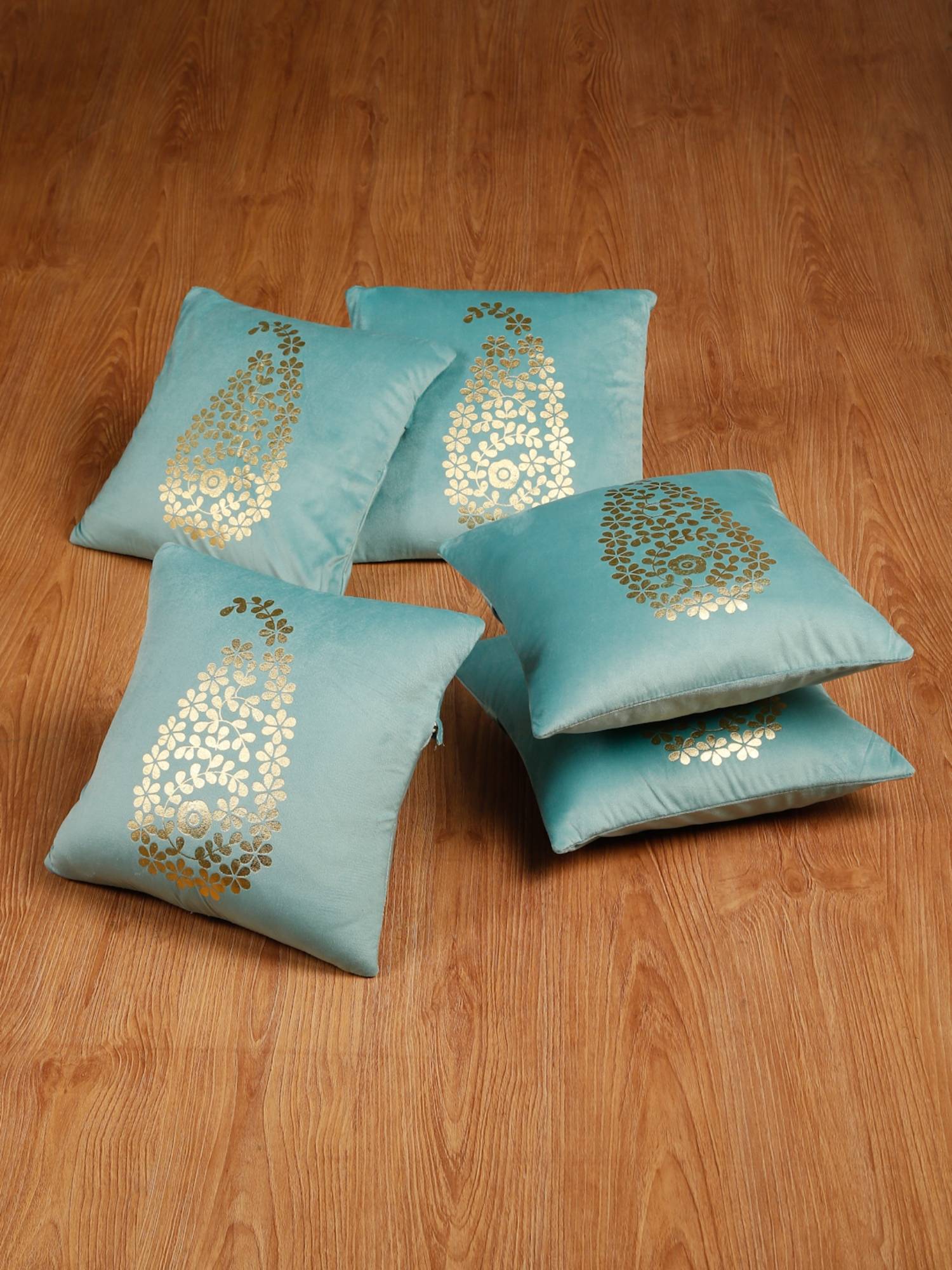 HOSTA HOMES Soft Velvet Golden Foil Printed Cushion Covers Pack Of 5 Aqua (16X16Inch)
