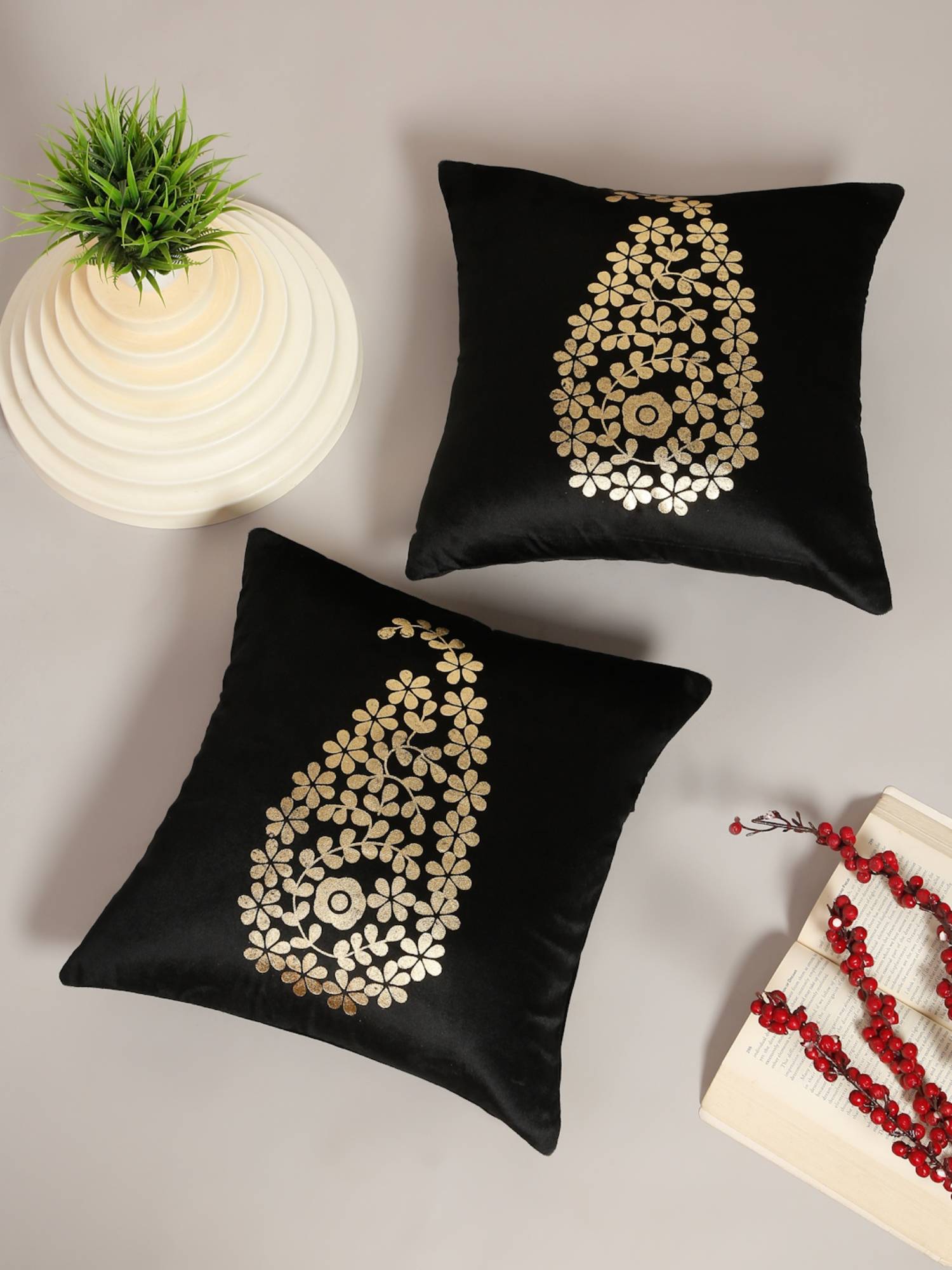 HOSTA HOMES Soft Velvet Golden Foil Printed Cushion Covers Pack Of 2 Black (16X16Inch)