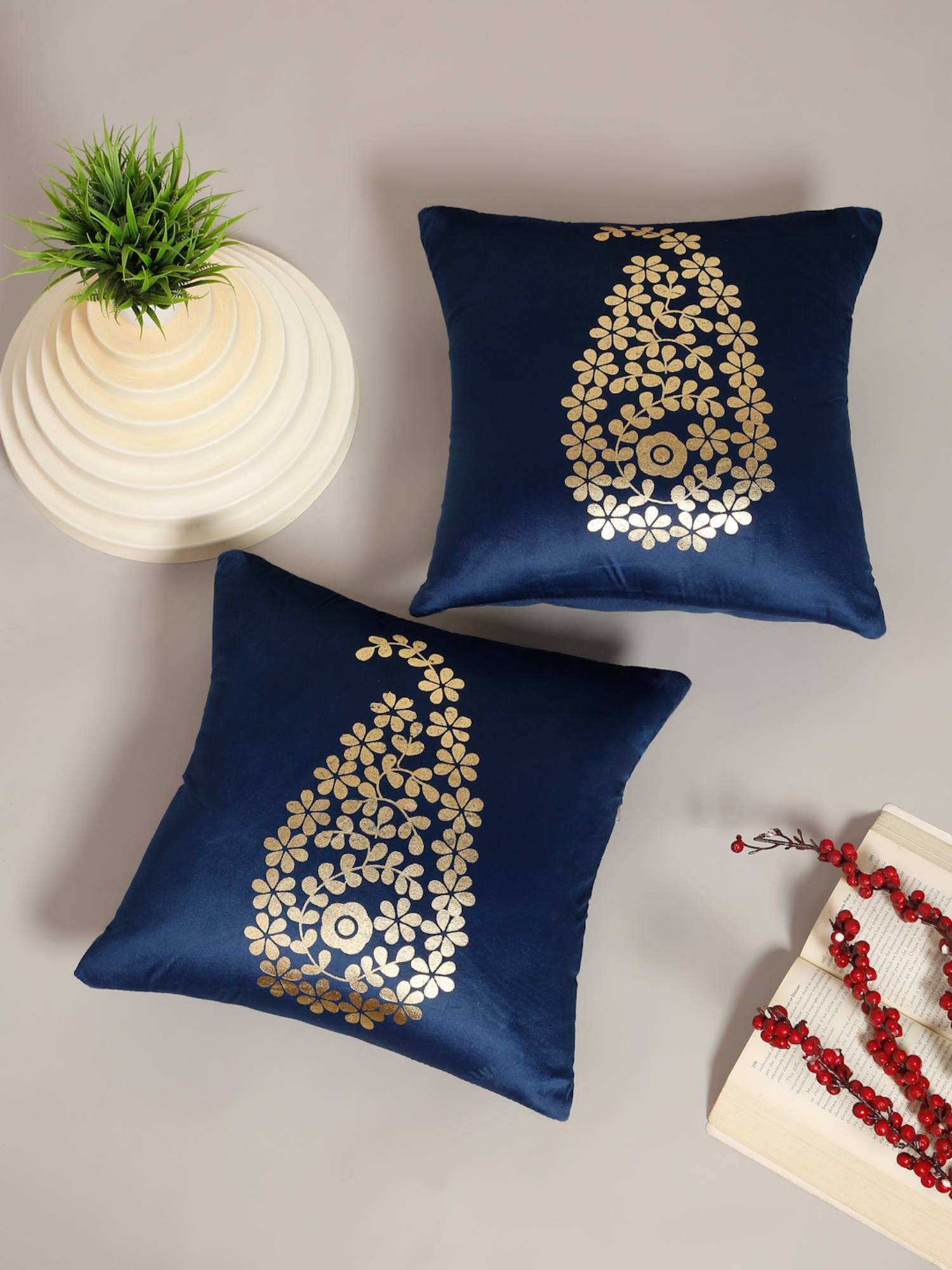 HOSTA HOMES Soft Velvet Golden Foil Printed Cushion Covers Pack Of 2 Blue (16X16Inch)