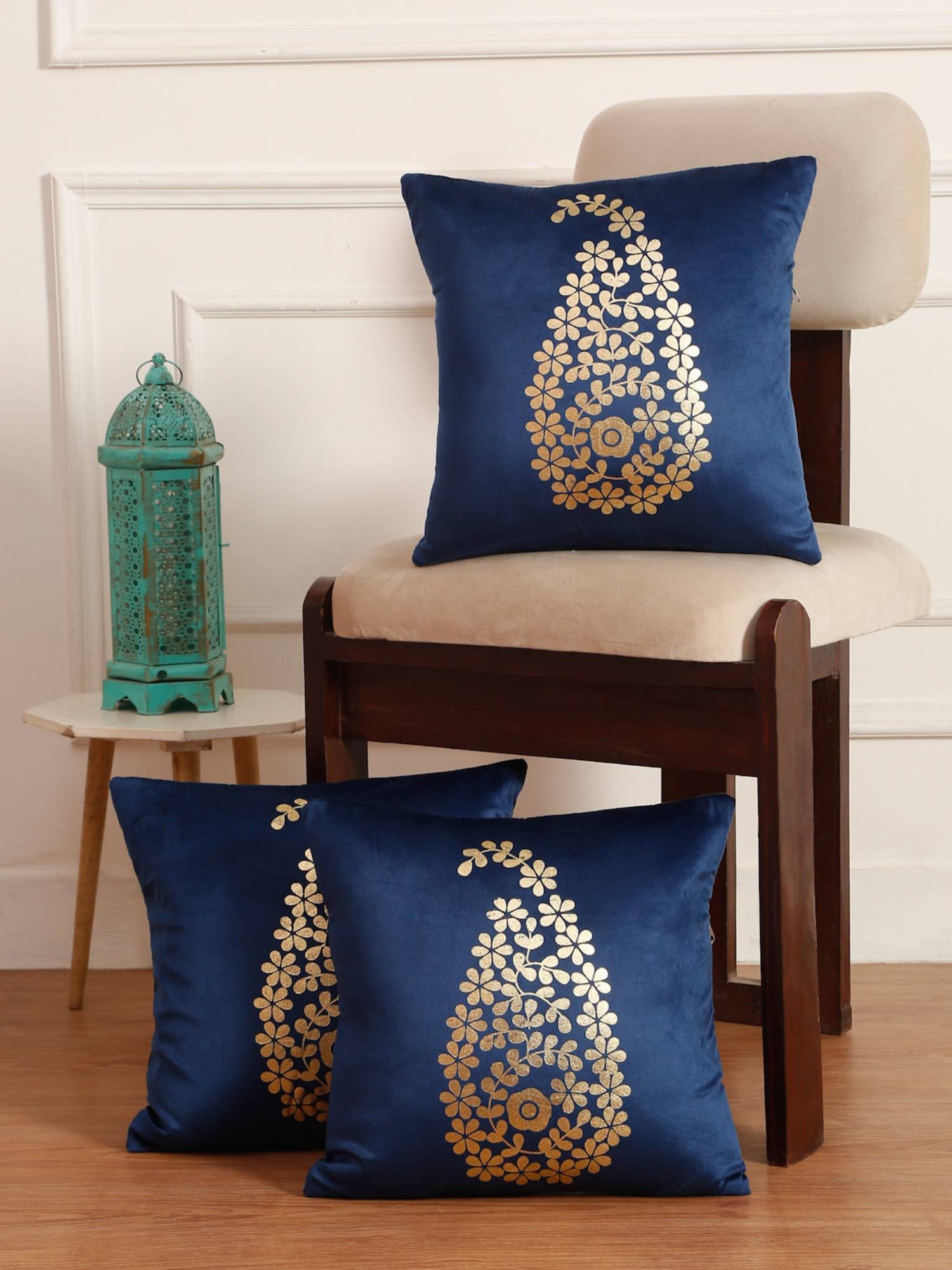 HOSTA HOMES Soft Velvet Golden Foil Printed Cushion Covers Pack Of 3 Blue (16X16Inch)