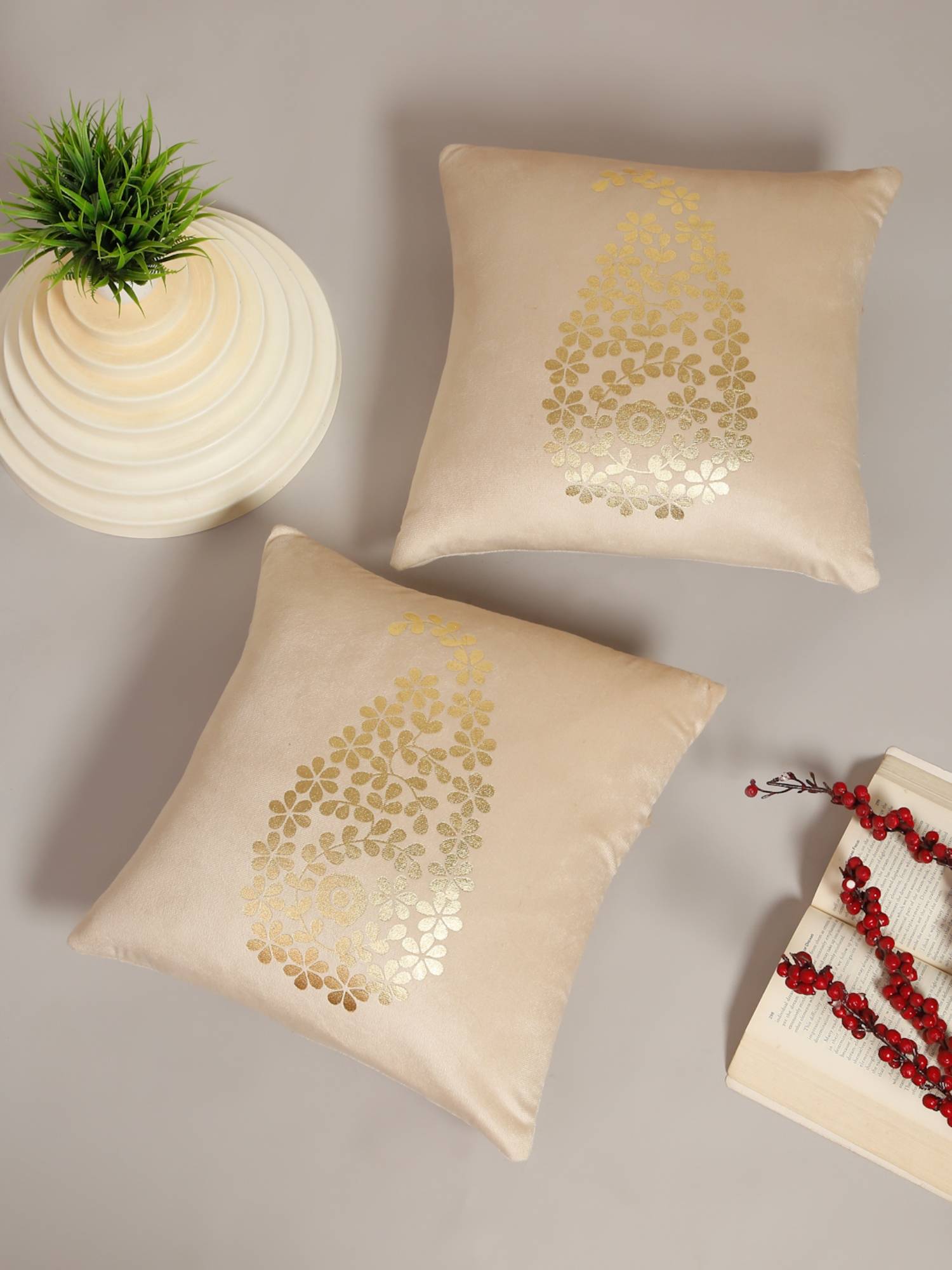 HOSTA HOMES Soft Velvet Golden Foil Printed Cushion Covers Pack Of 2 Cream (16X16Inch)