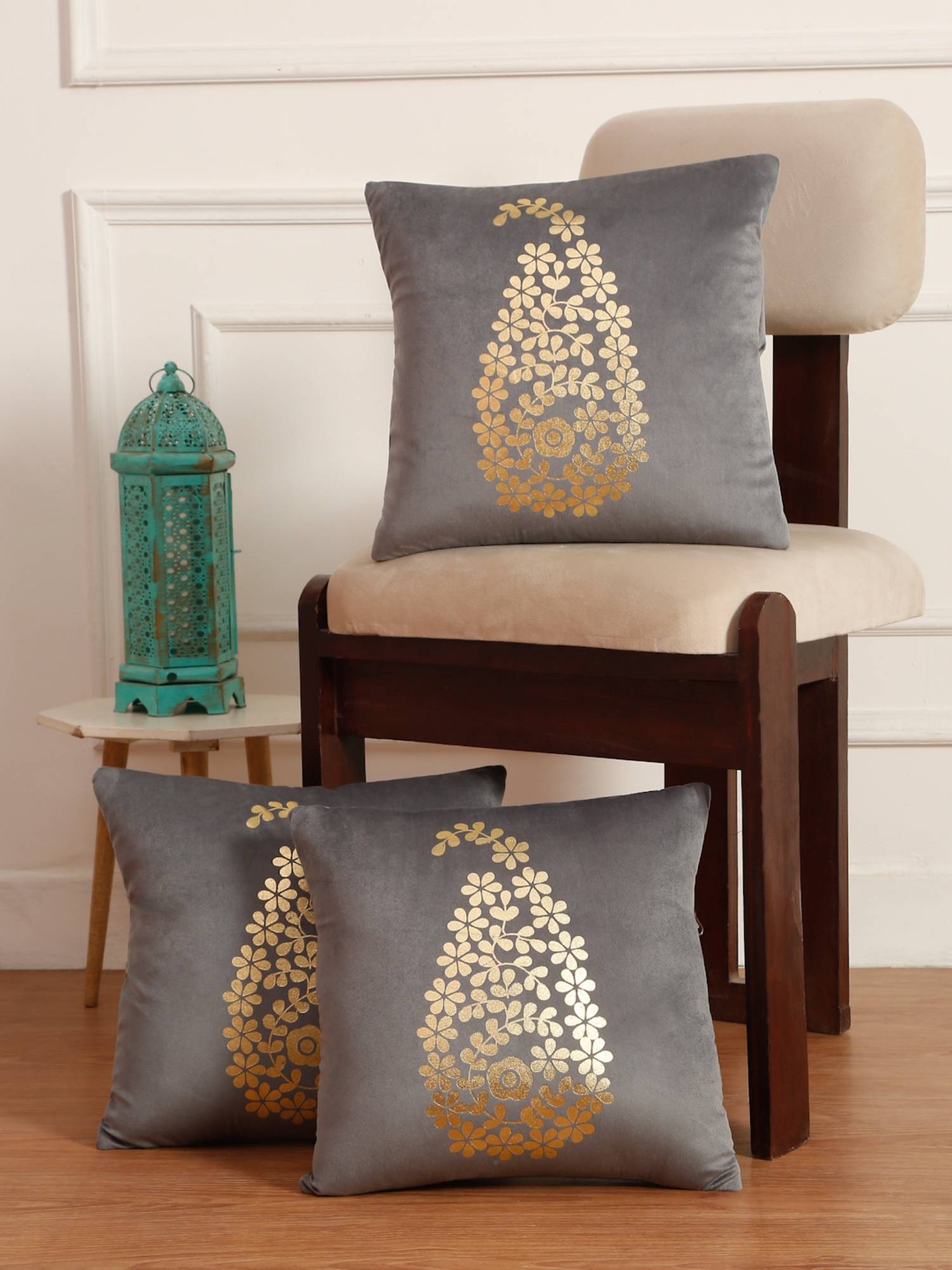 HOSTA HOMES Soft Velvet Golden Foil Printed Cushion Covers Pack Of 3 Grey (16X16Inch)