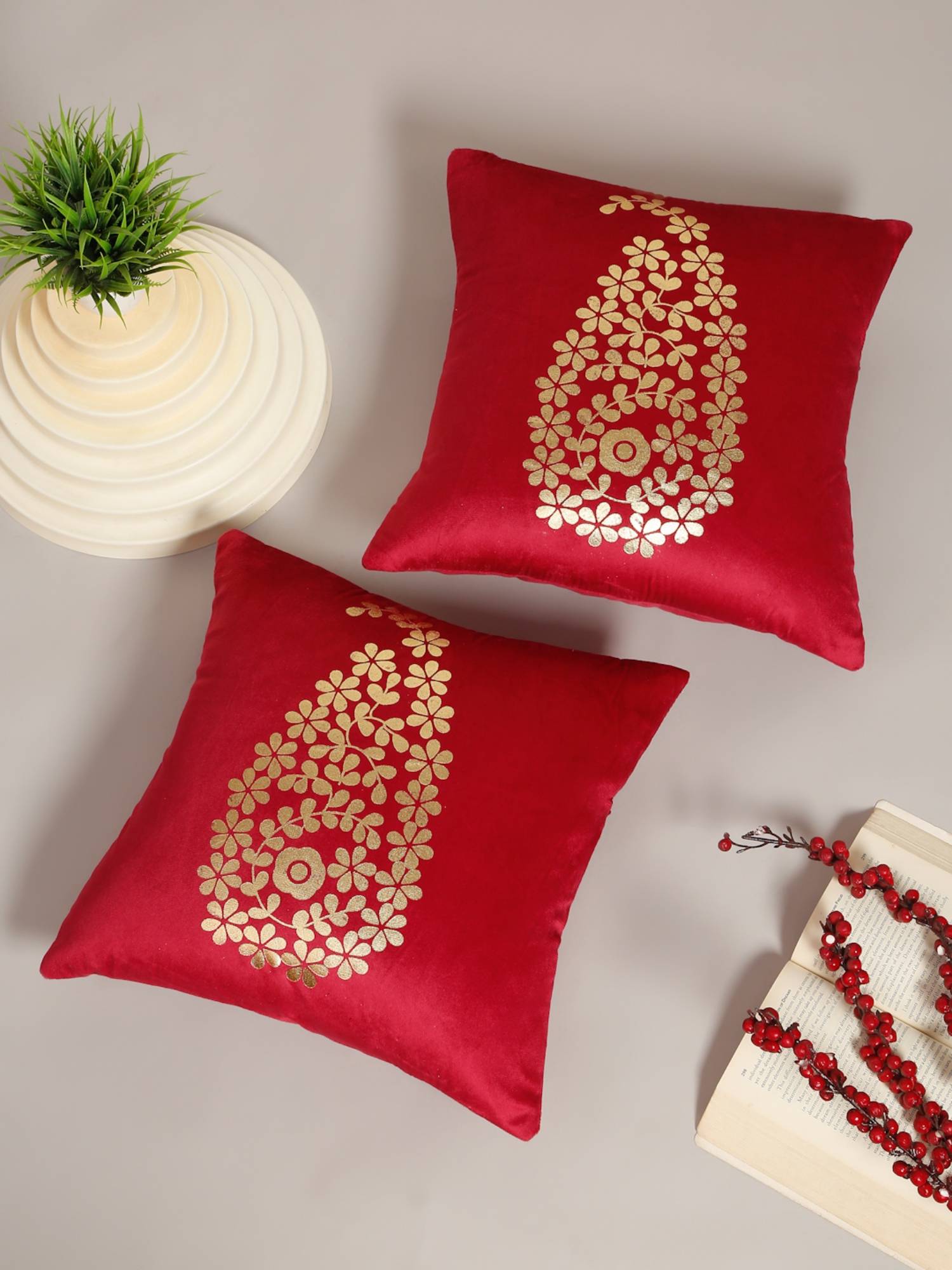 HOSTA HOMES Soft Velvet Golden Foil Printed Cushion Covers Pack Of 2 Maroon (16X16Inch)
