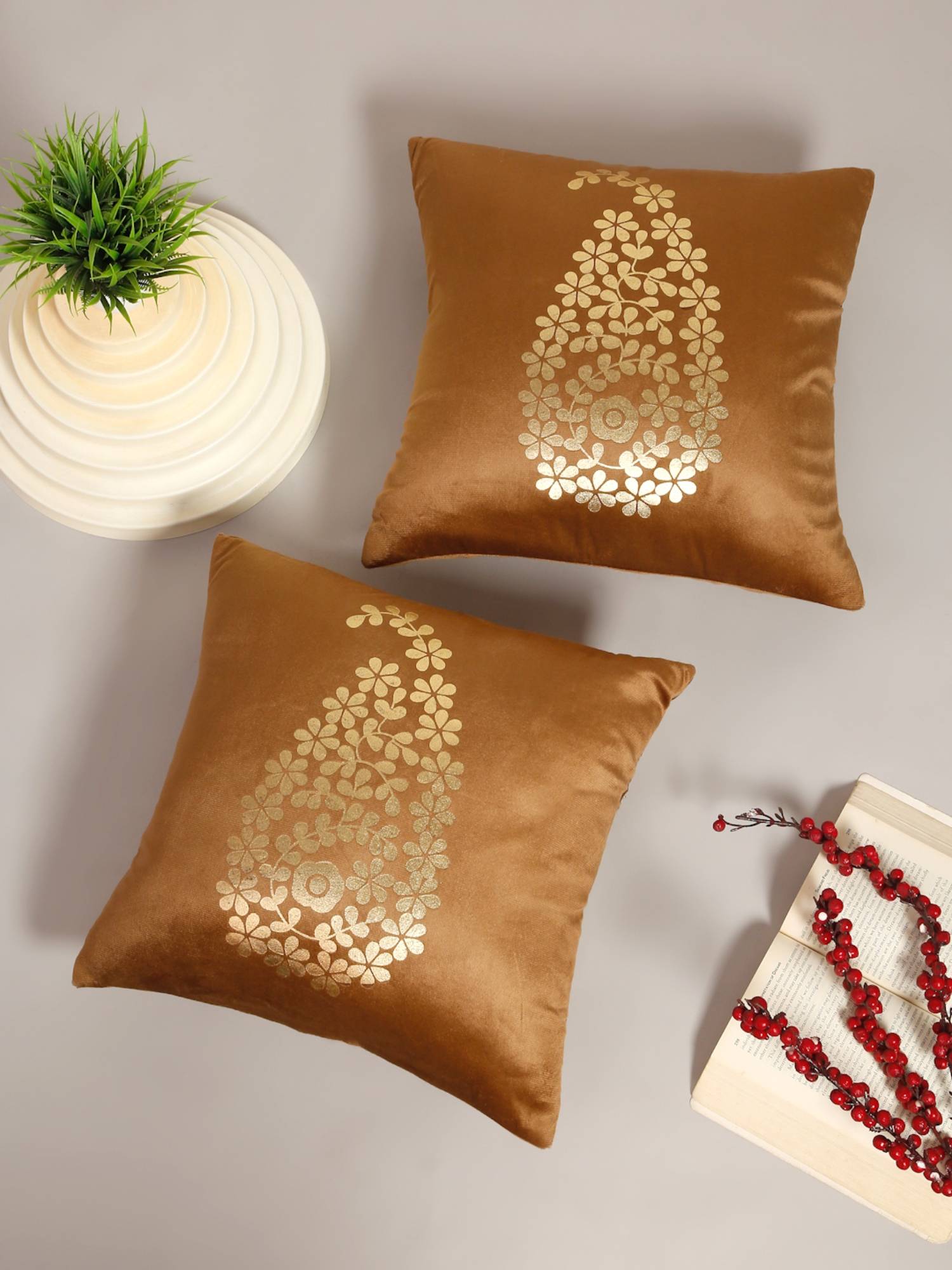 HOSTA HOMES Soft Velvet Golden Foil Printed Cushion Covers Pack Of 2 Rust (16X16Inch)