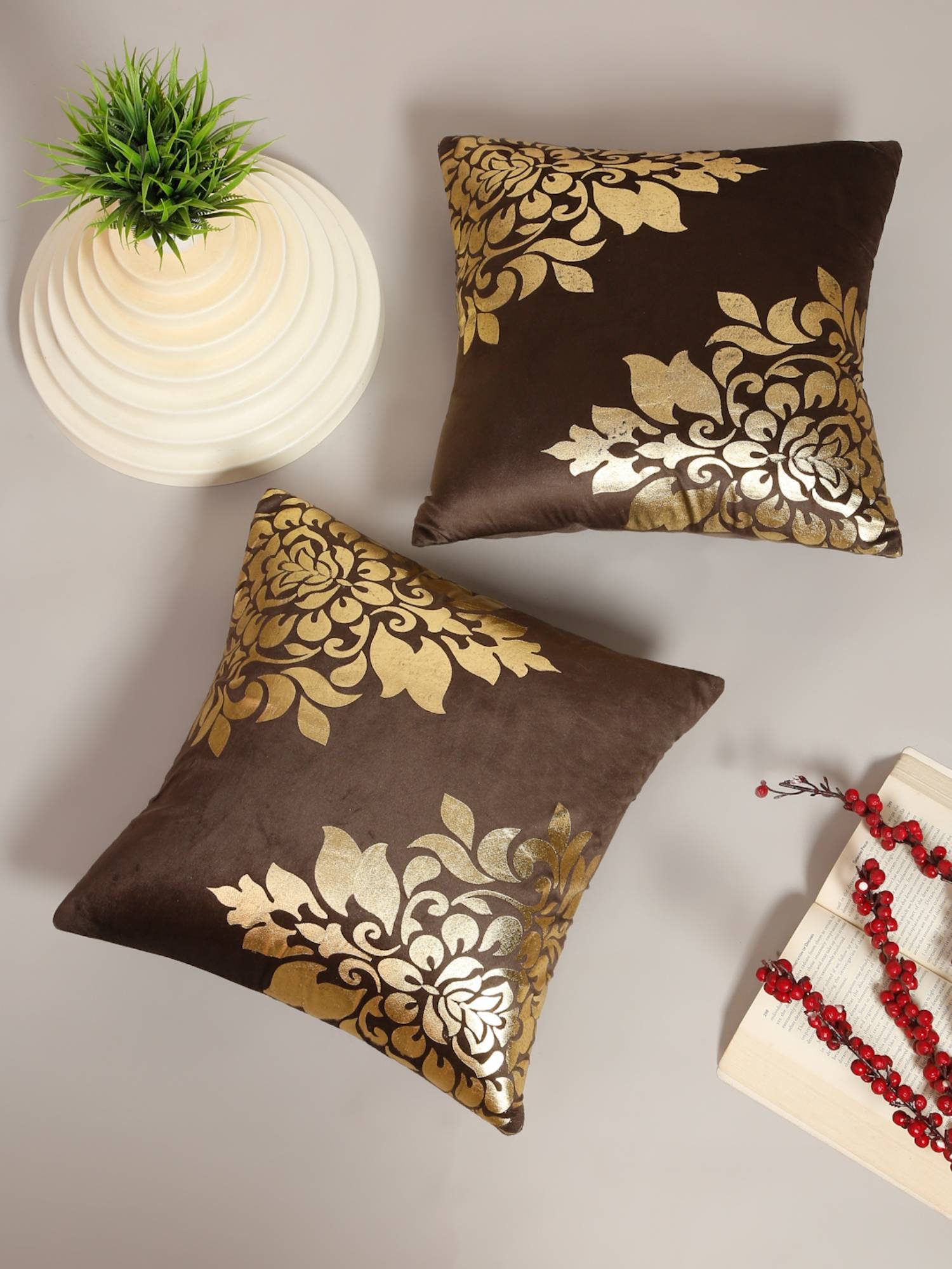 HOSTA HOMES Soft Velvet Golden Foil Printed Cushion Covers Pack Of 2 Brown (16X16Inch)