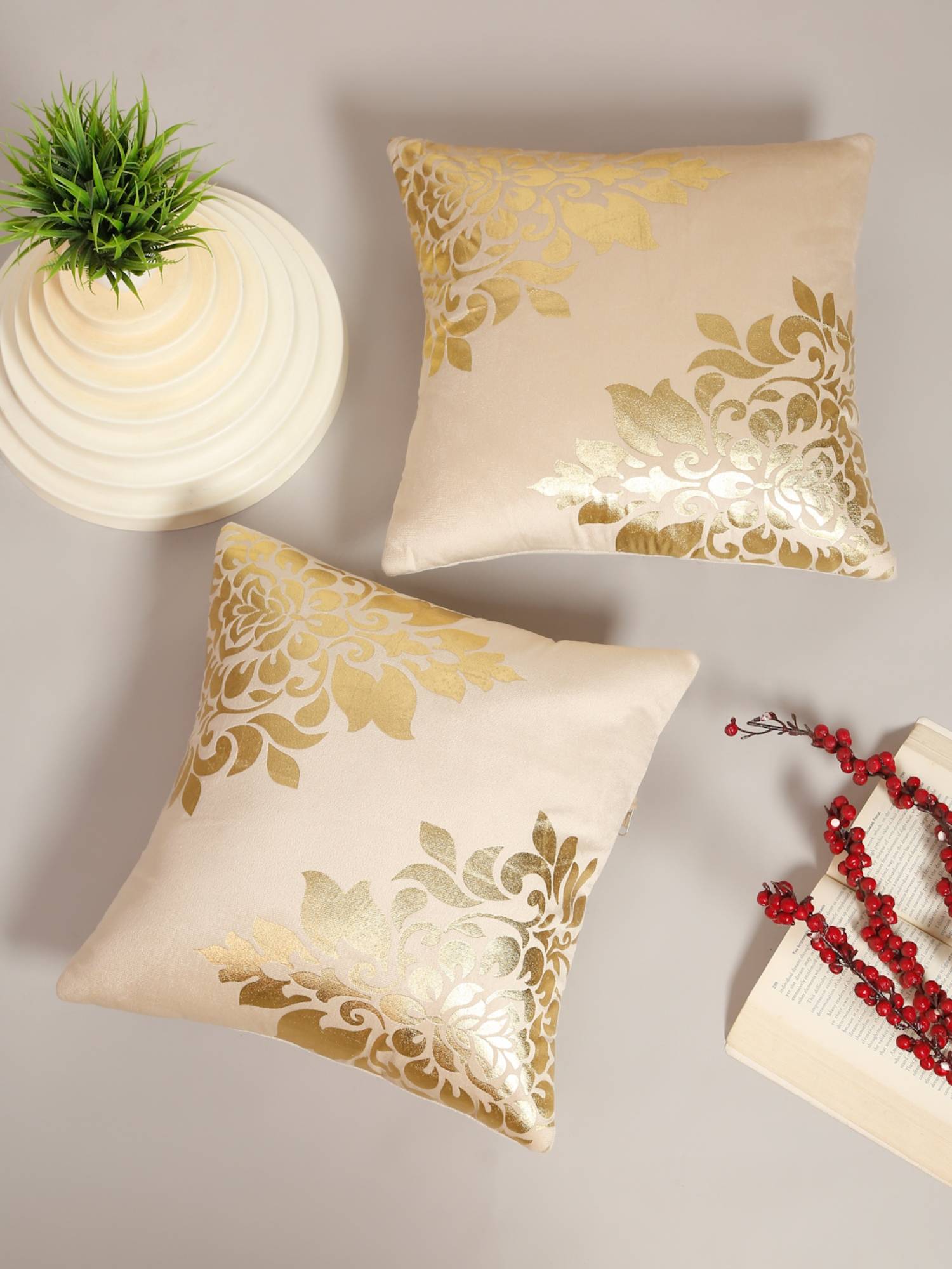 HOSTA HOMES Soft Velvet Golden Foil Printed Cushion Covers Pack Of 2 Cream (16X16Inch)